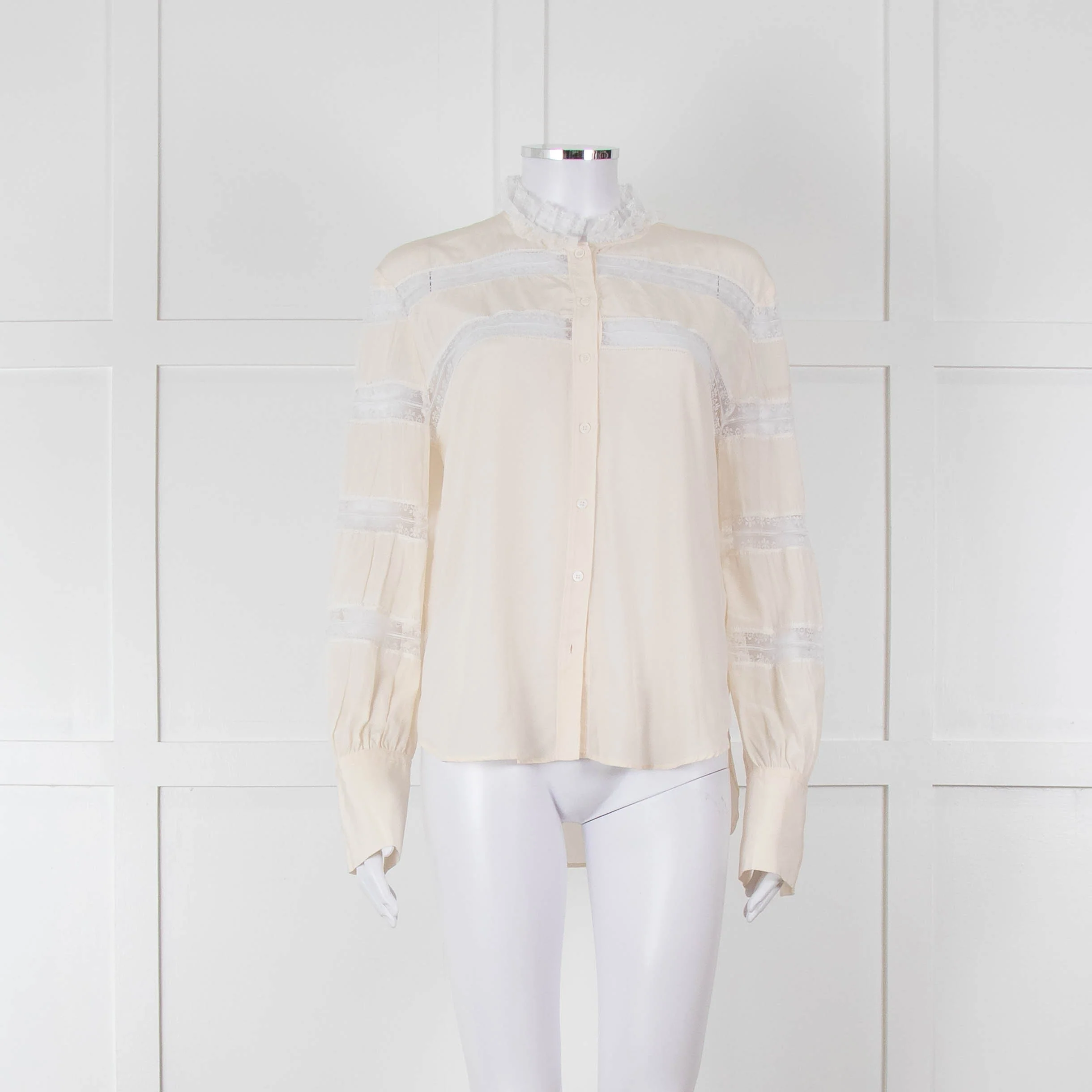 Sandro Cream Lace Trim High Neck Blouse