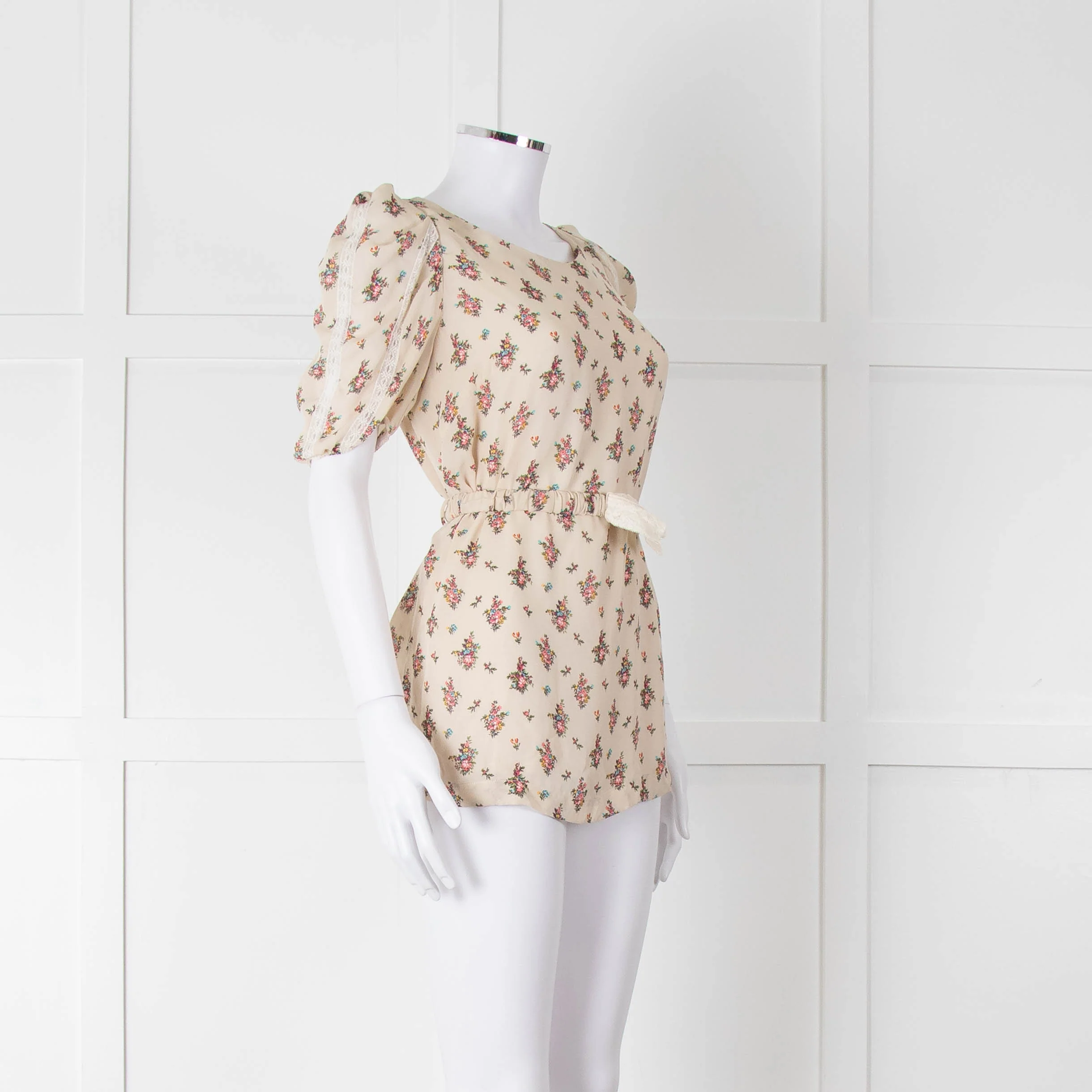 Sandro Cream Pink Floral Puffed Sleeve Belted Top - Image 2