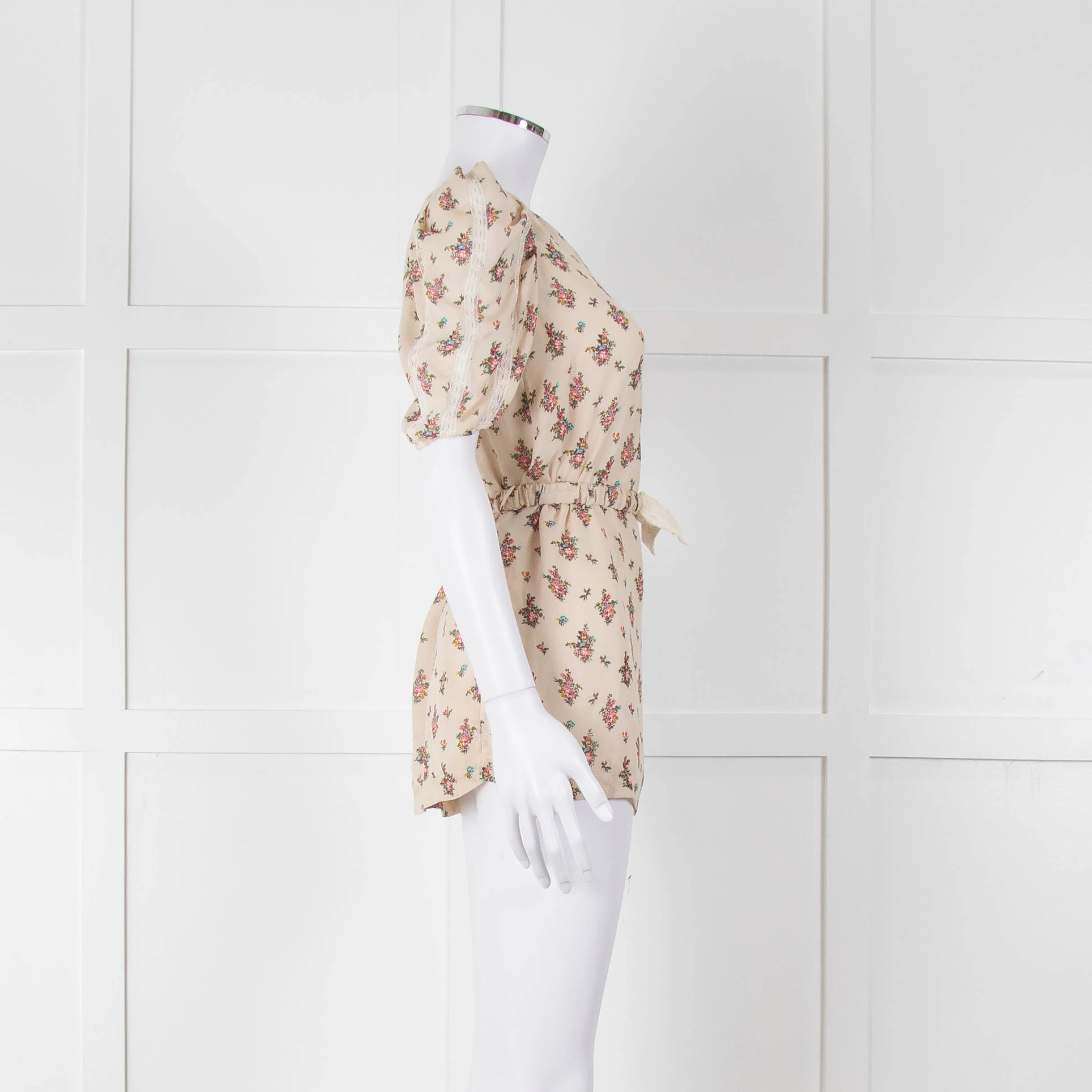 Sandro Cream Pink Floral Puffed Sleeve Belted Top - Image 3