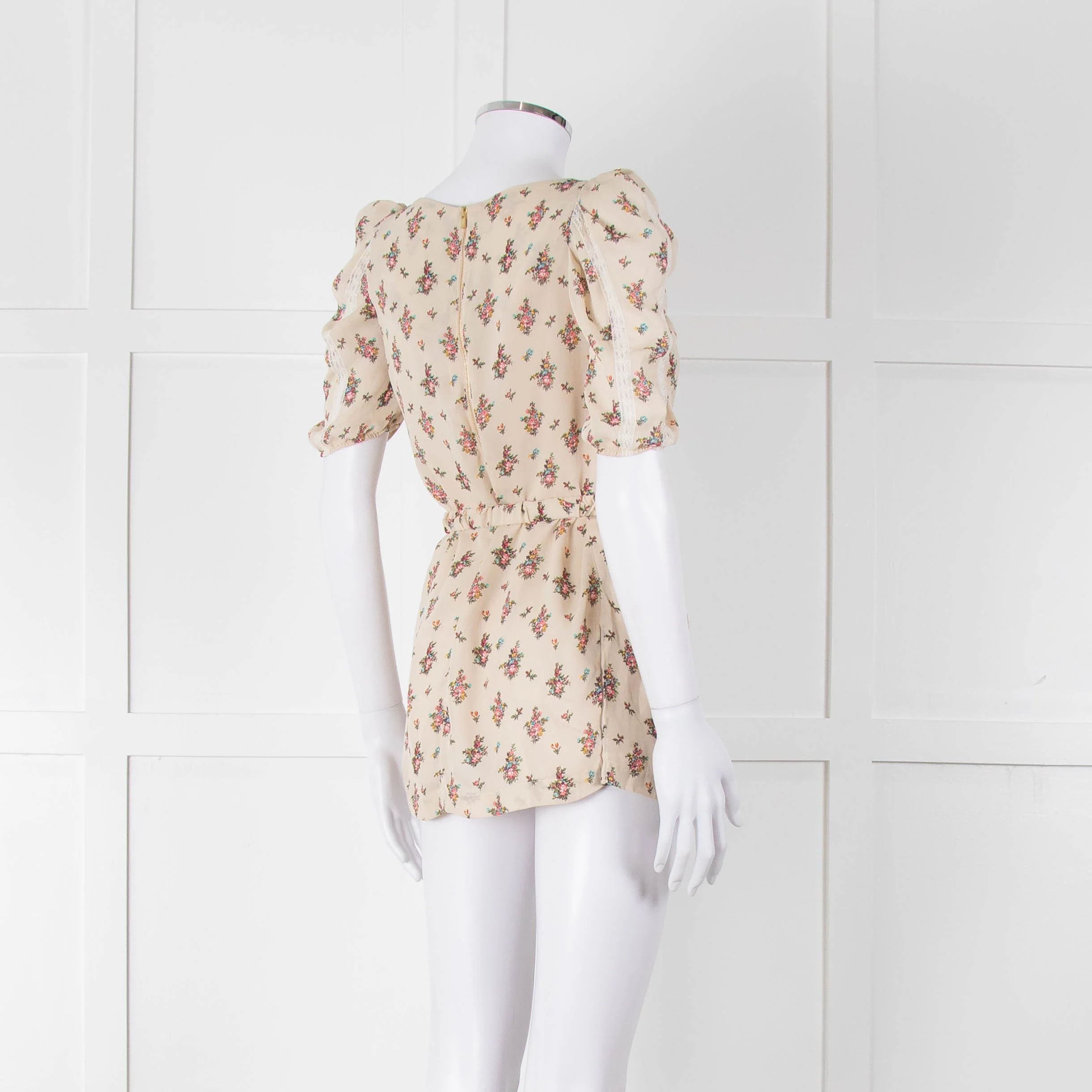 Sandro Cream Pink Floral Puffed Sleeve Belted Top - Image 4