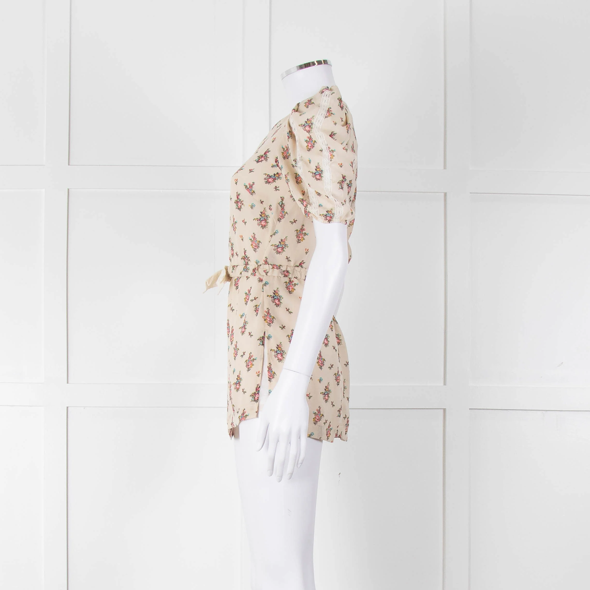 Sandro Cream Pink Floral Puffed Sleeve Belted Top - Image 7