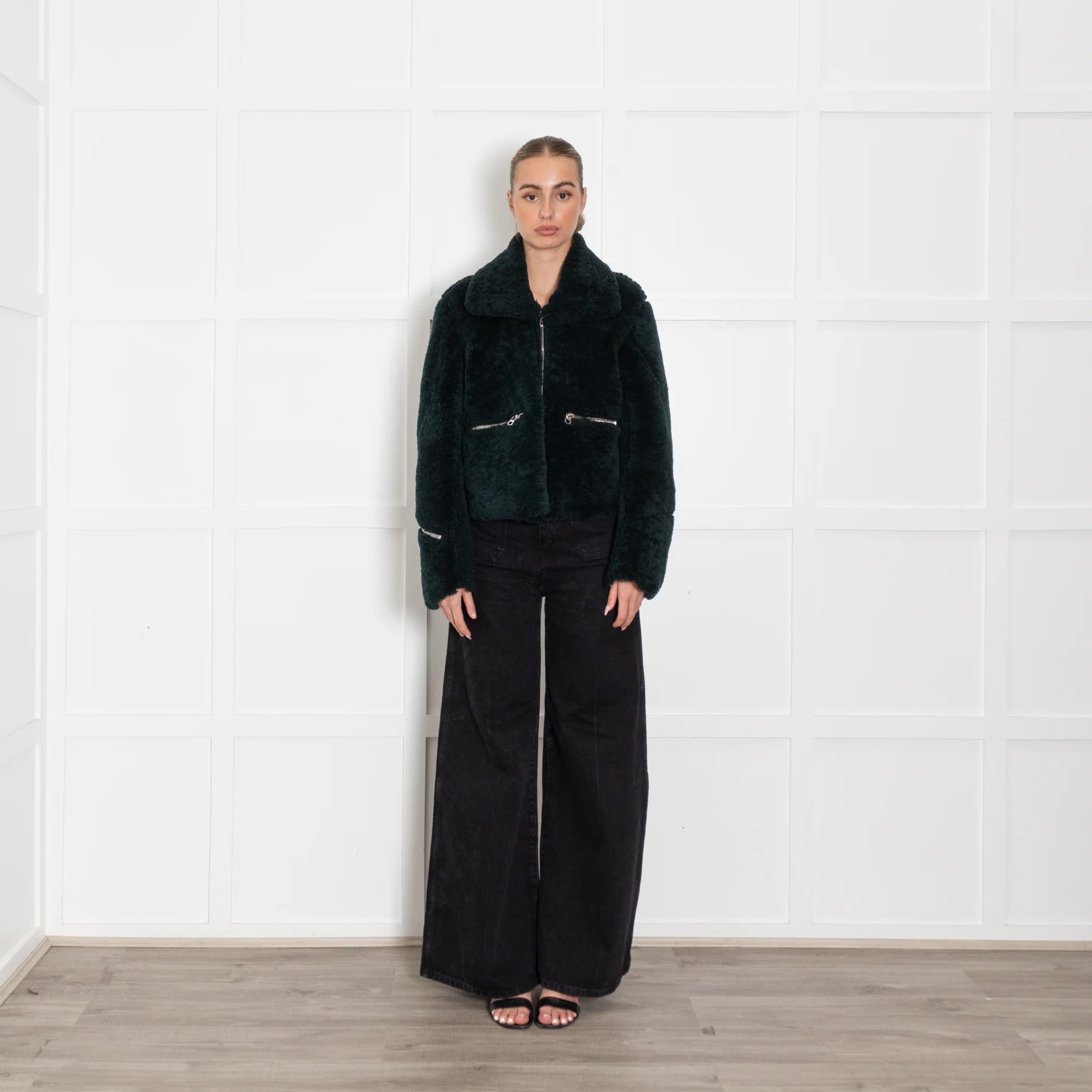 Sandro Dark Green Sheepskin Zip Up Short Jacket