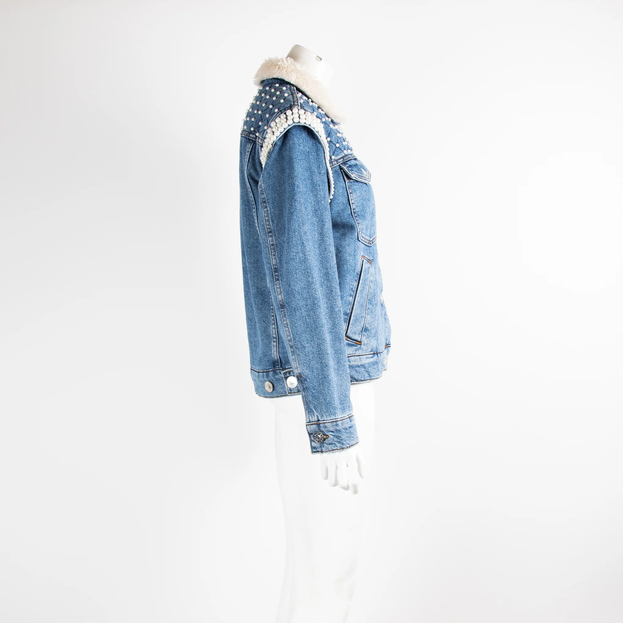 Sandro Denim Sherpa Jacket with Pearl Embellishment - Image 2