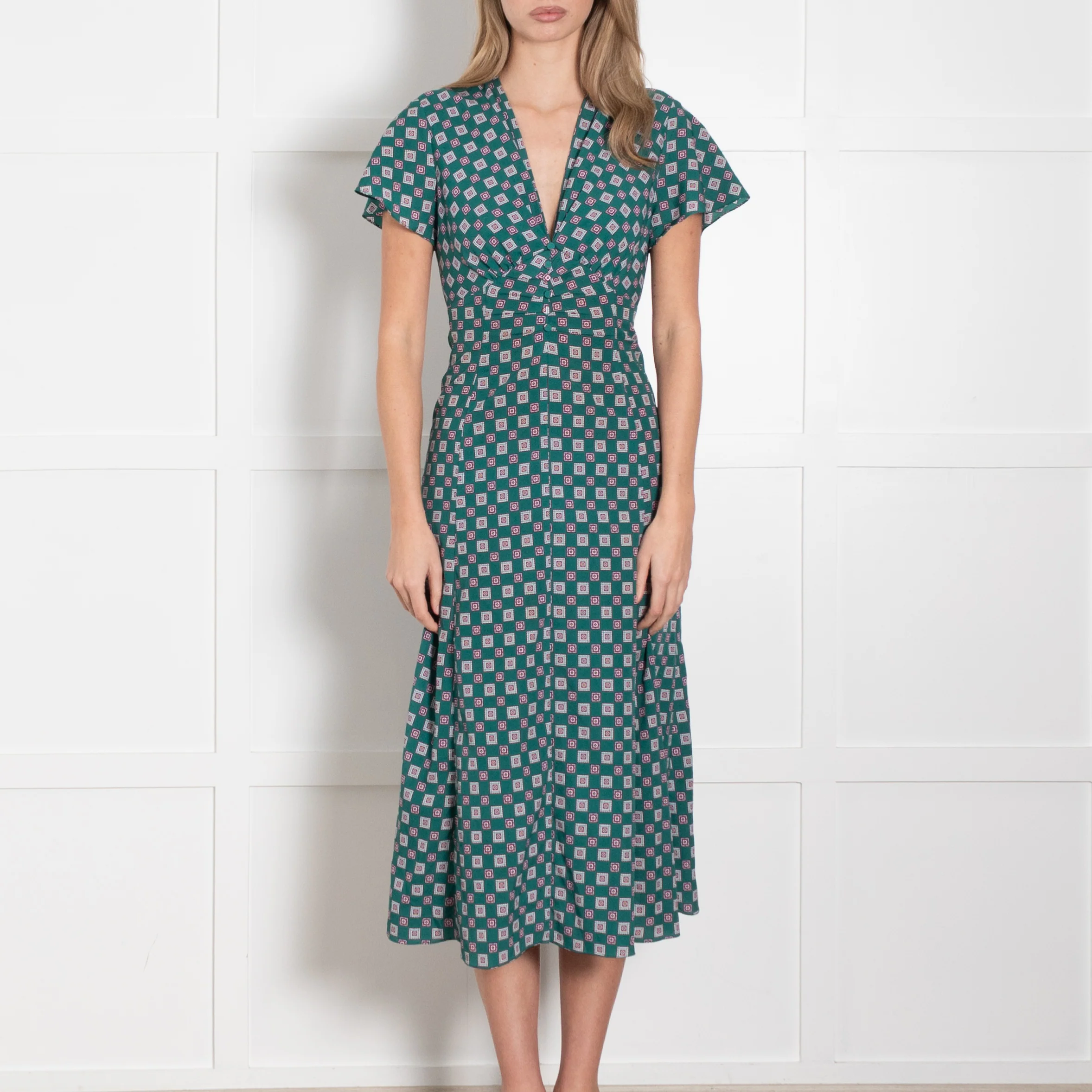 Sandro Green Burgundy Geometric Print V-Neck Midi Dress - Image 2