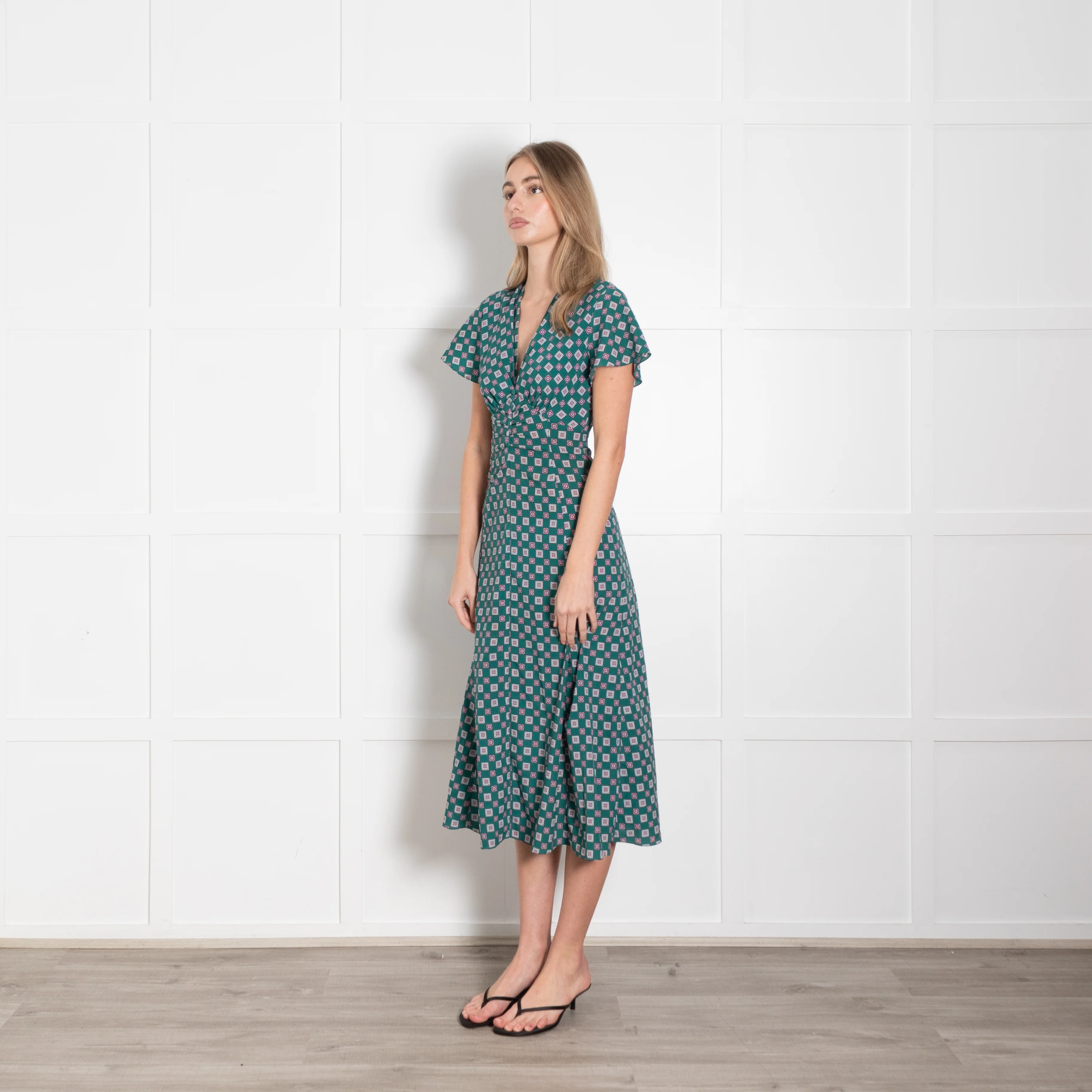 Sandro Green Burgundy Geometric Print V-Neck Midi Dress - Image 3