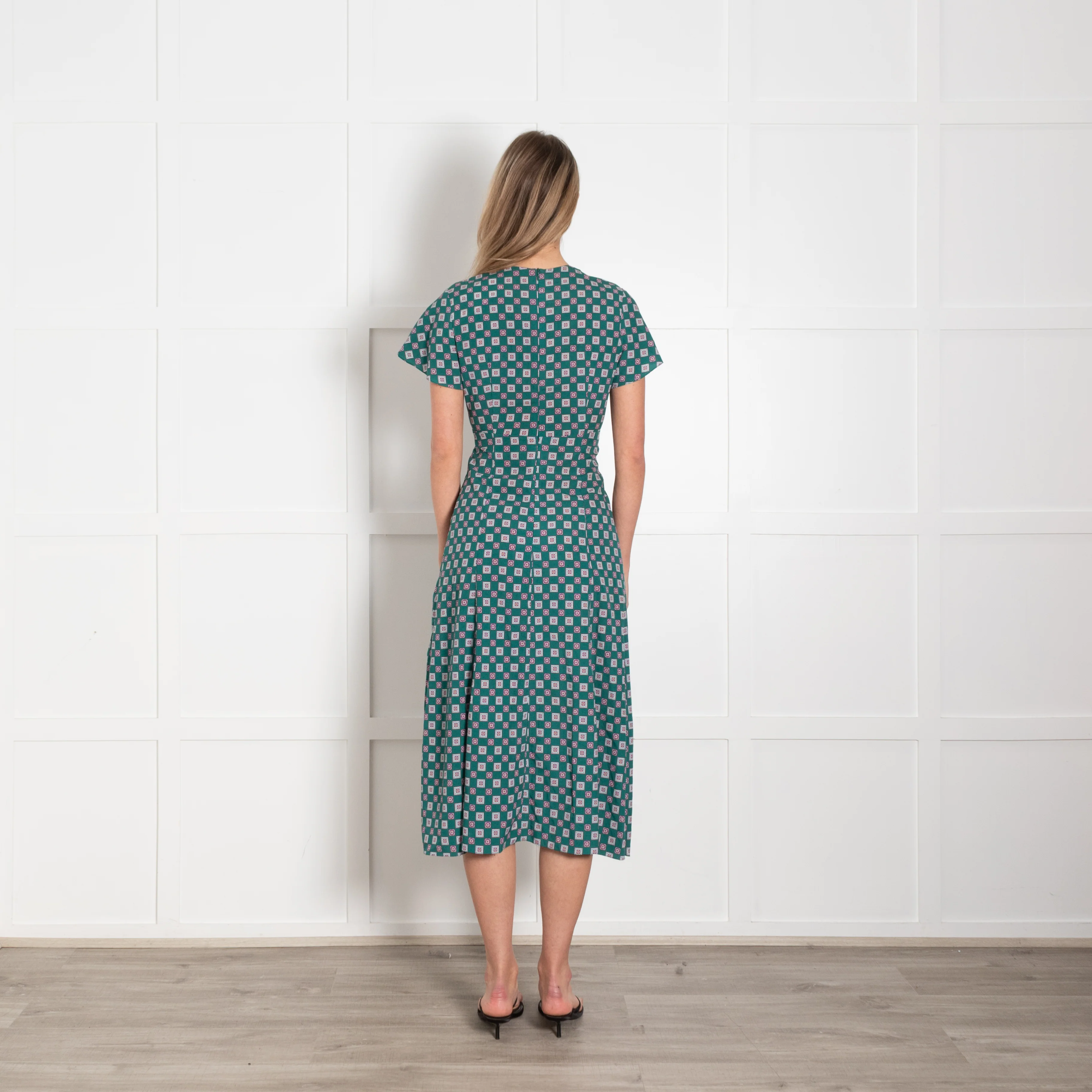 Sandro Green Burgundy Geometric Print V-Neck Midi Dress - Image 5