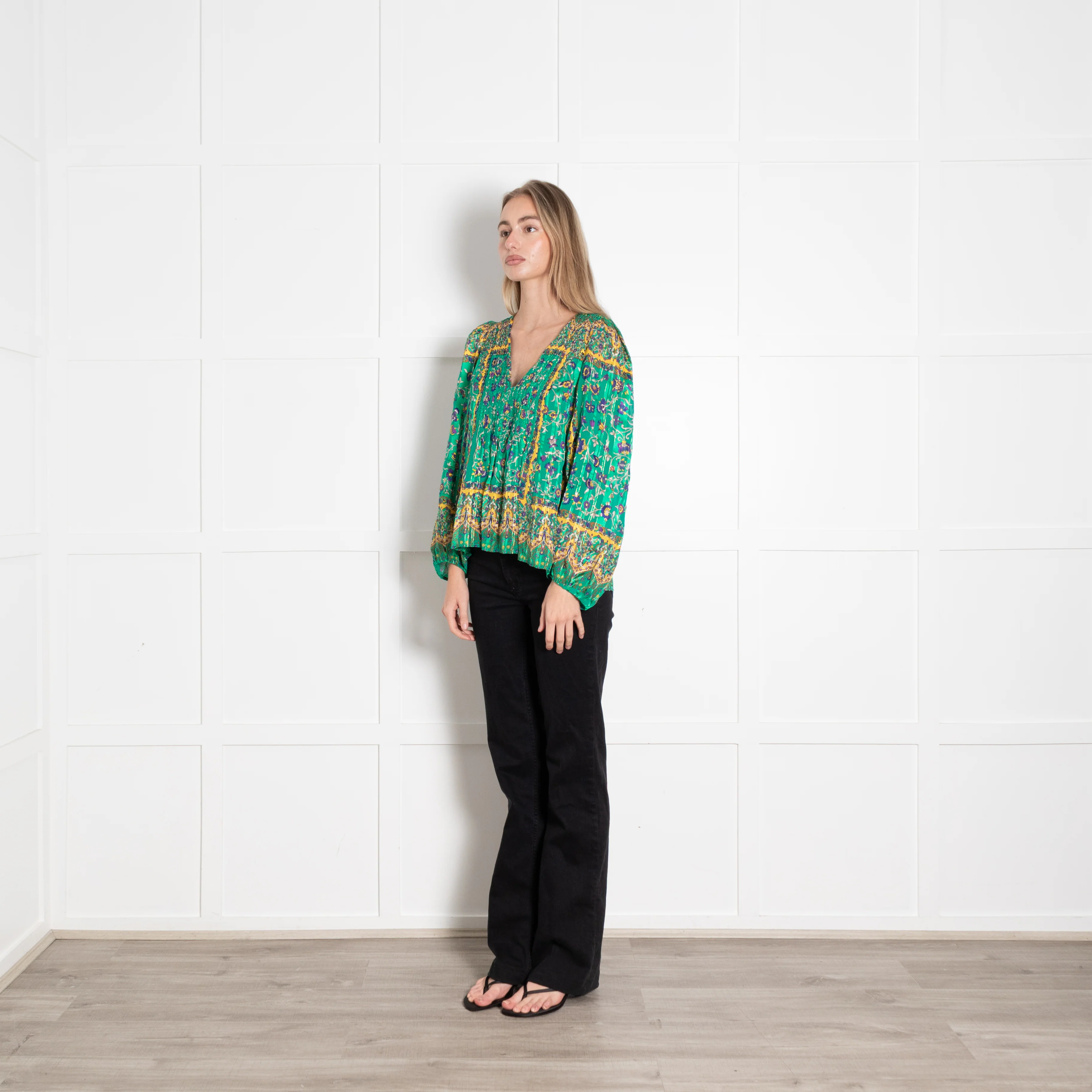 Sandro Green Paisley Floral Gold Thread Smocked Blouse - Image 3