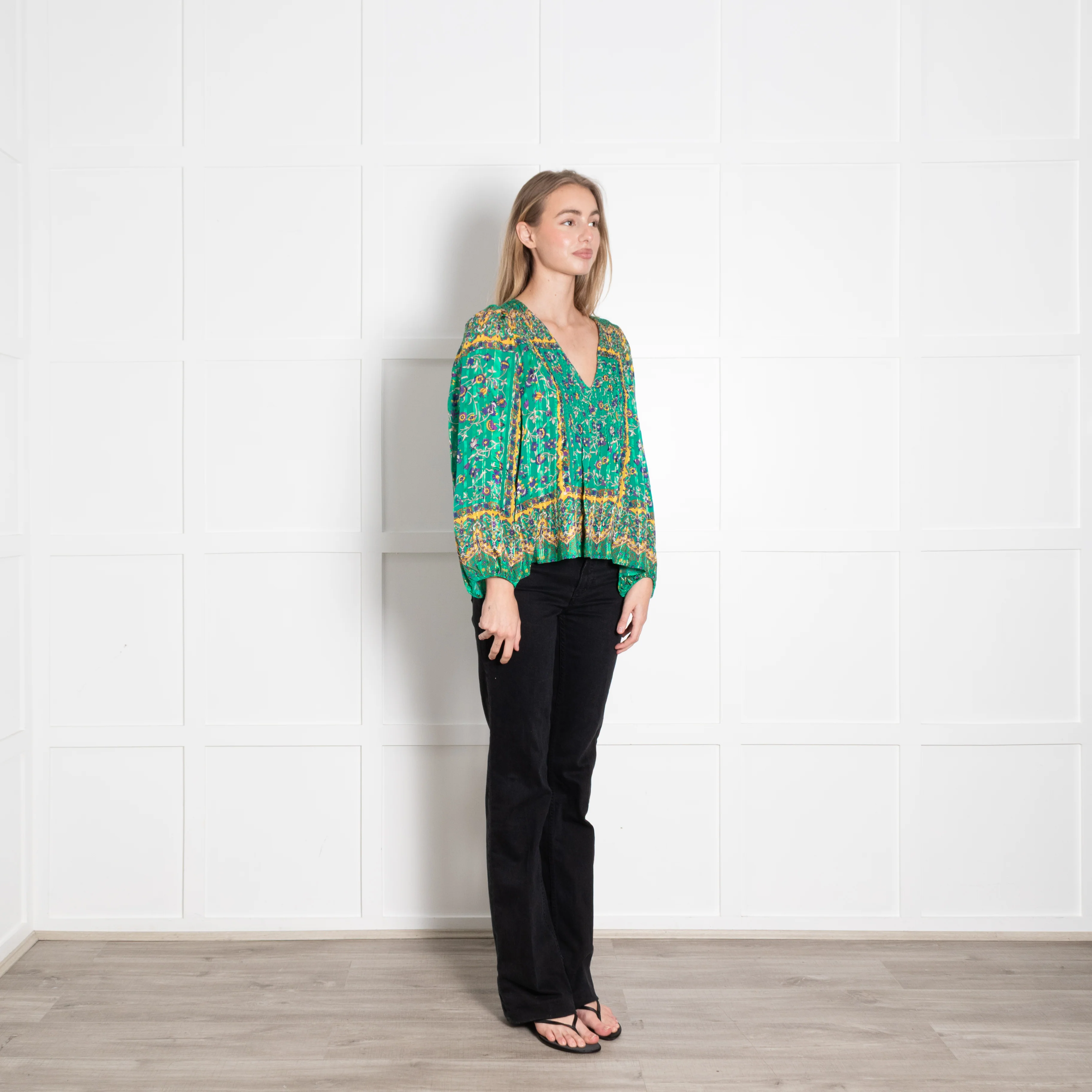 Sandro Green Paisley Floral Gold Thread Smocked Blouse - Image 7