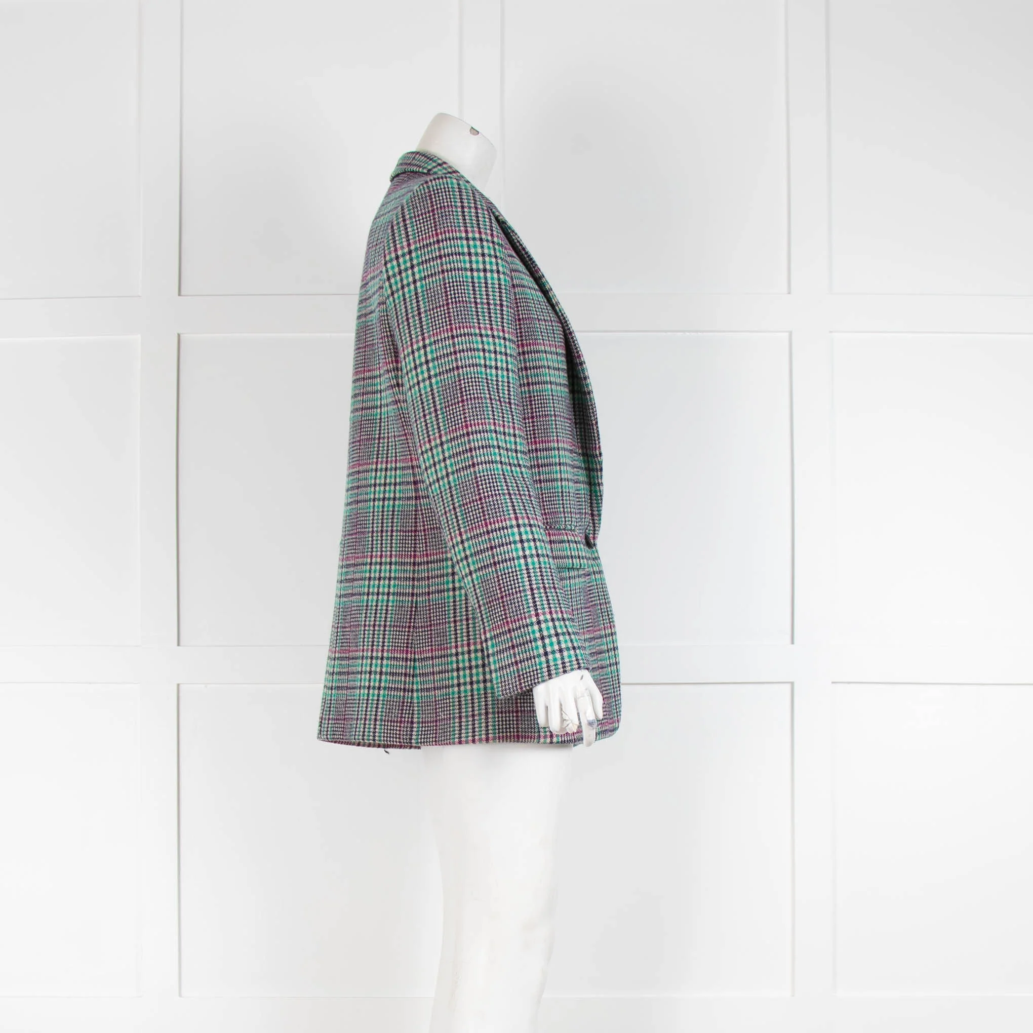 Sandro Green Pink Check Wool Blend Long Blazer - Image 2