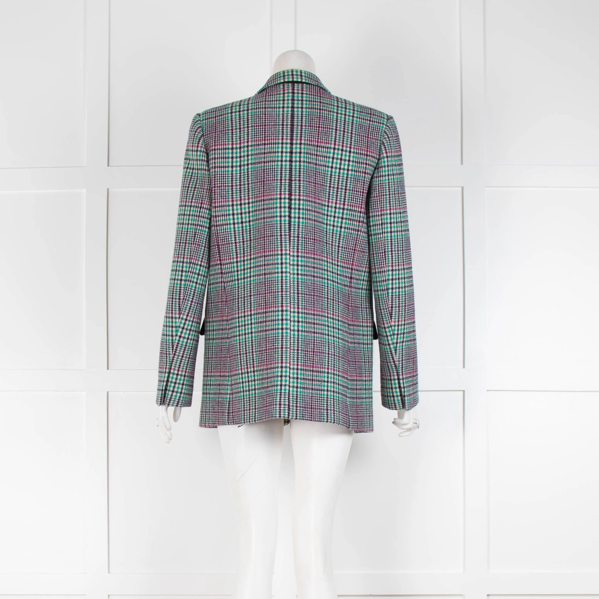 Sandro Green Pink Check Wool Blend Long Blazer - Image 3