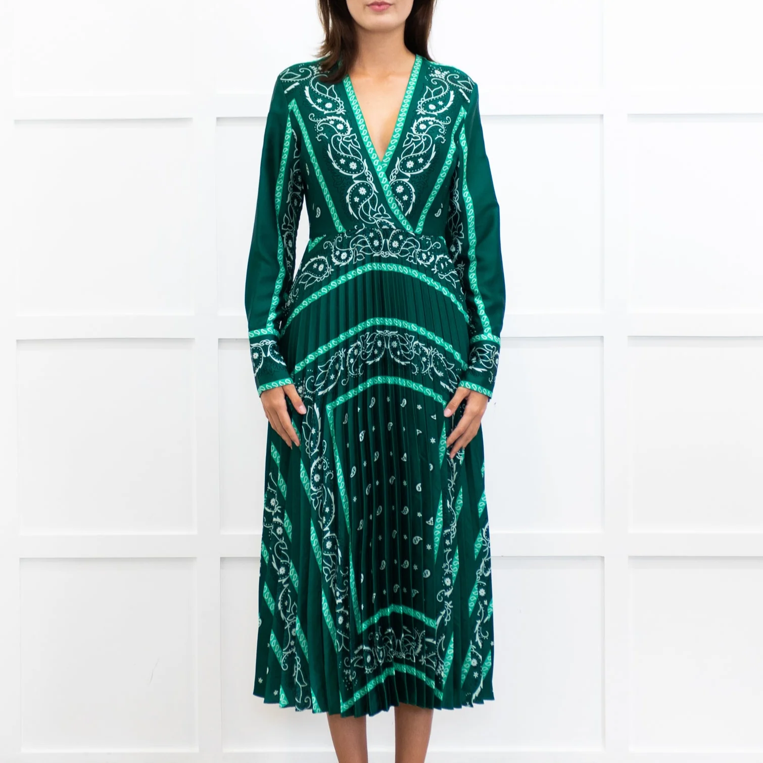 Sandro Green White Pleated Bottom Long Dress - Image 2