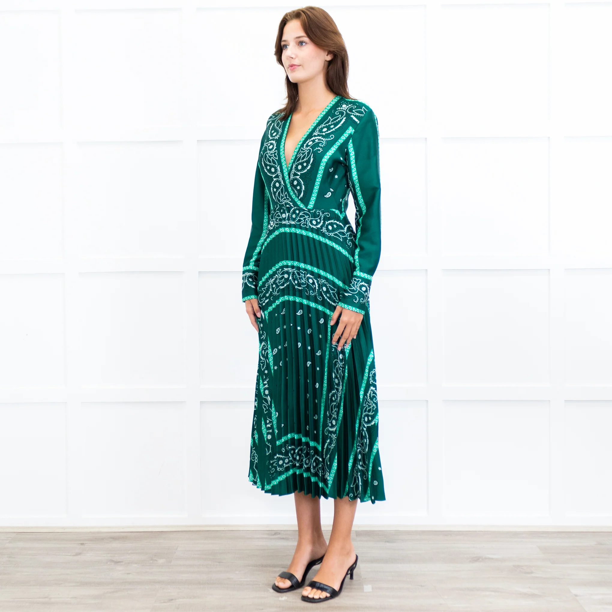 Sandro Green White Pleated Bottom Long Dress - Image 3