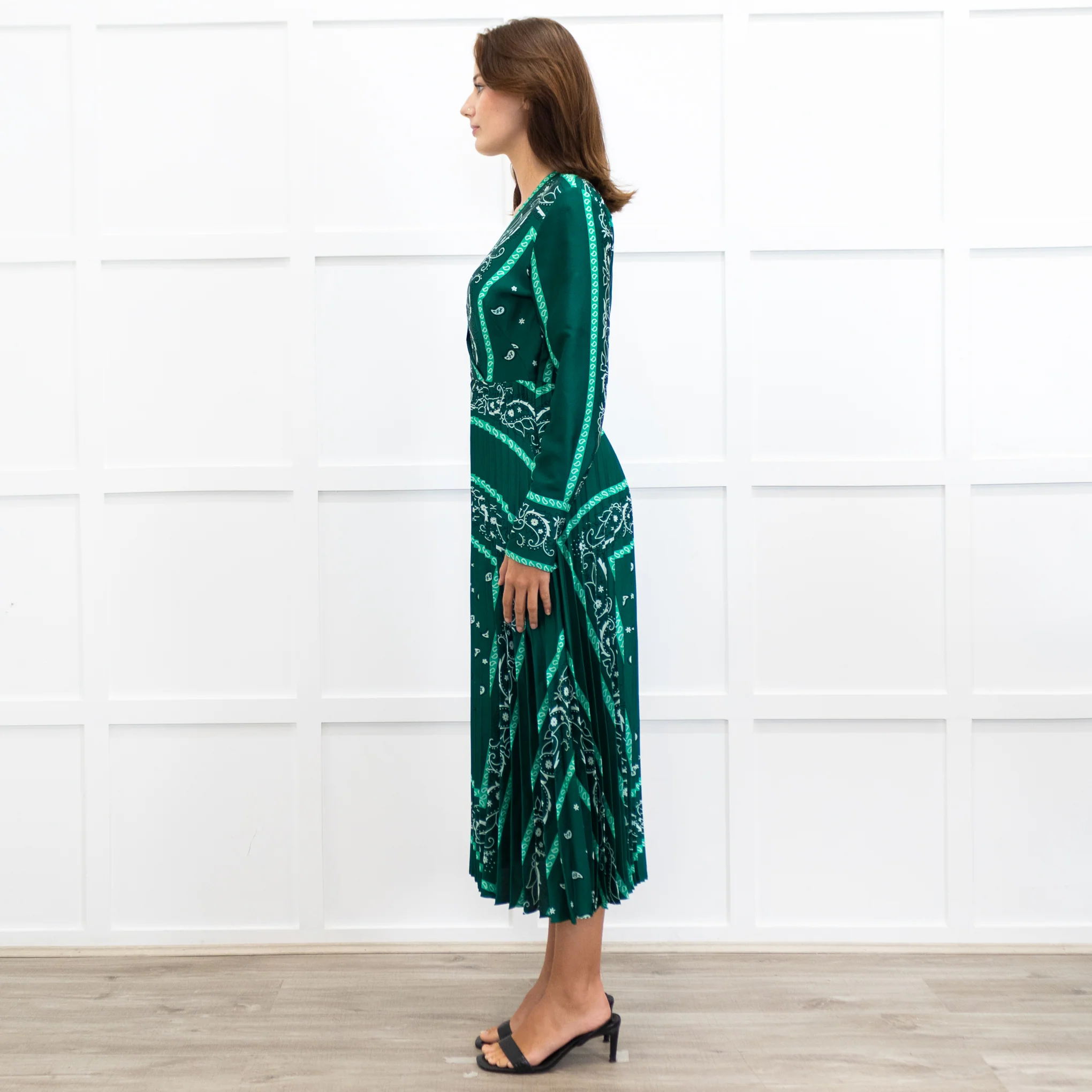 Sandro Green White Pleated Bottom Long Dress - Image 4