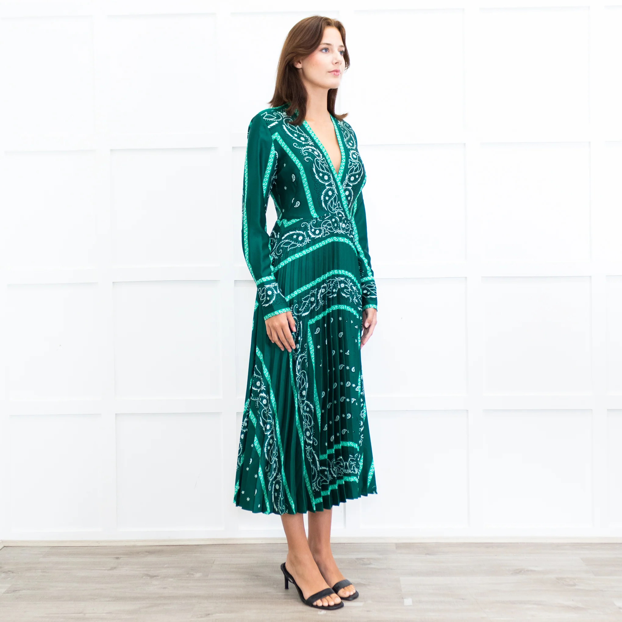 Sandro Green White Pleated Bottom Long Dress - Image 7