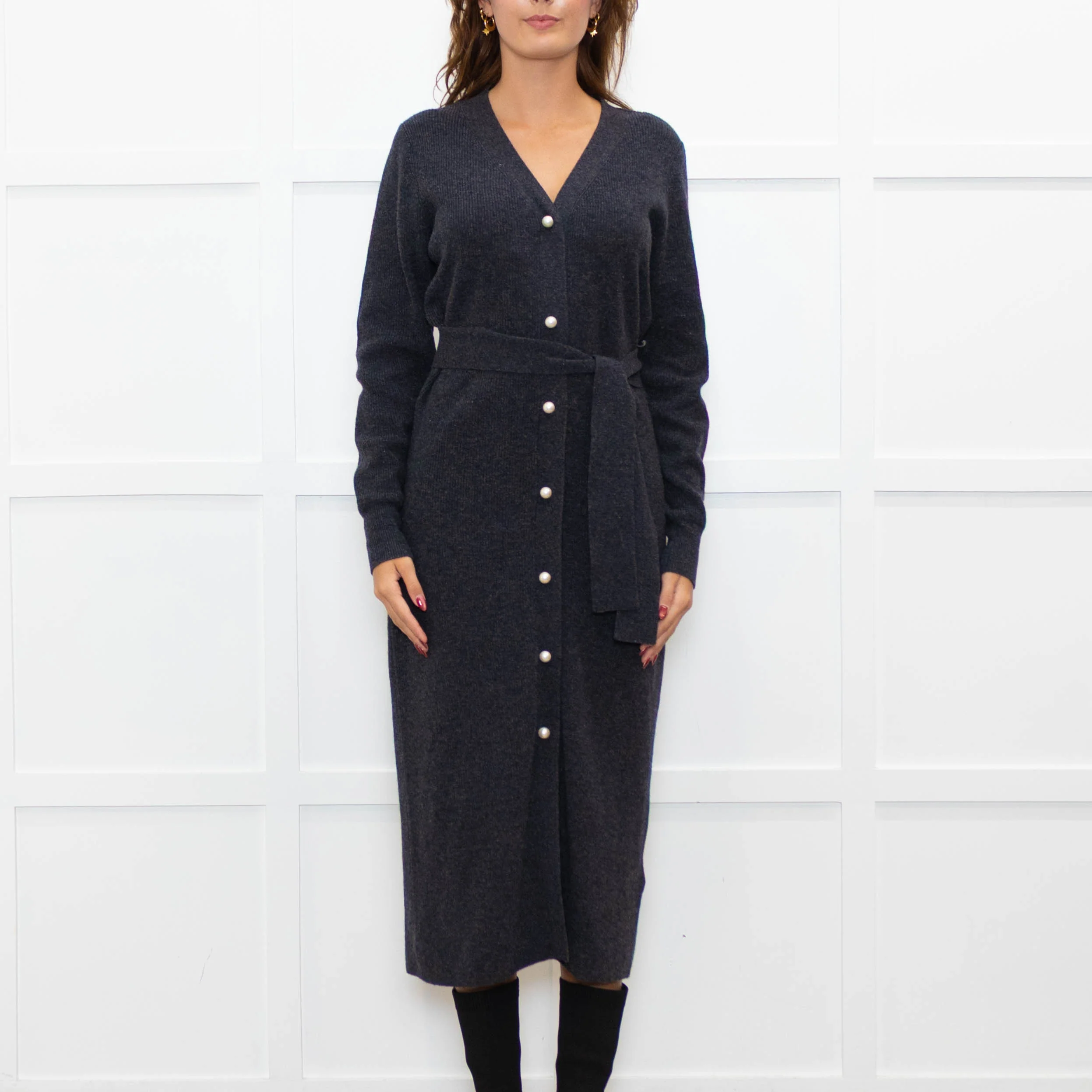 Sandro Grey Pearl Button Rib Knit Dress - Image 2