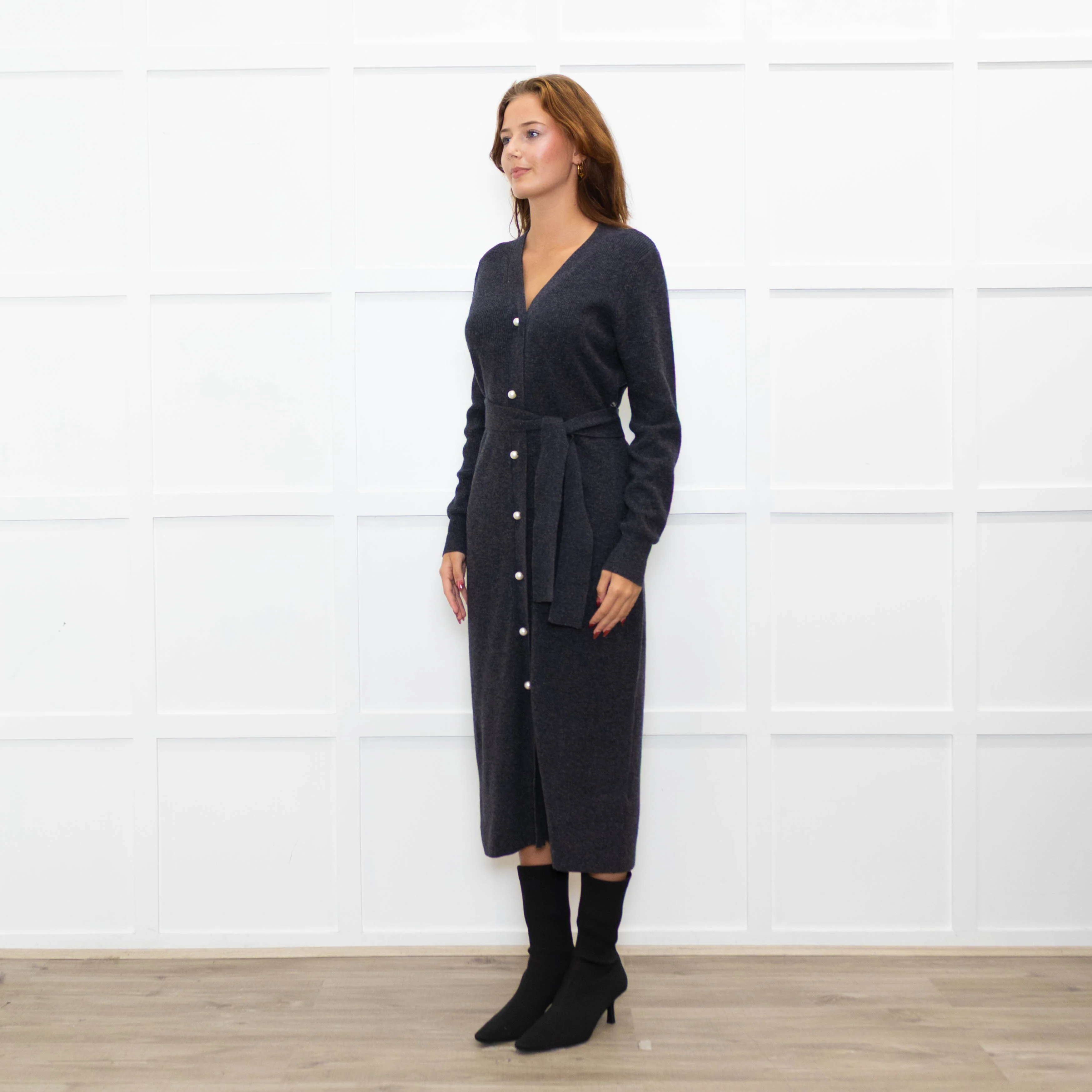 Sandro Grey Pearl Button Rib Knit Dress - Image 3