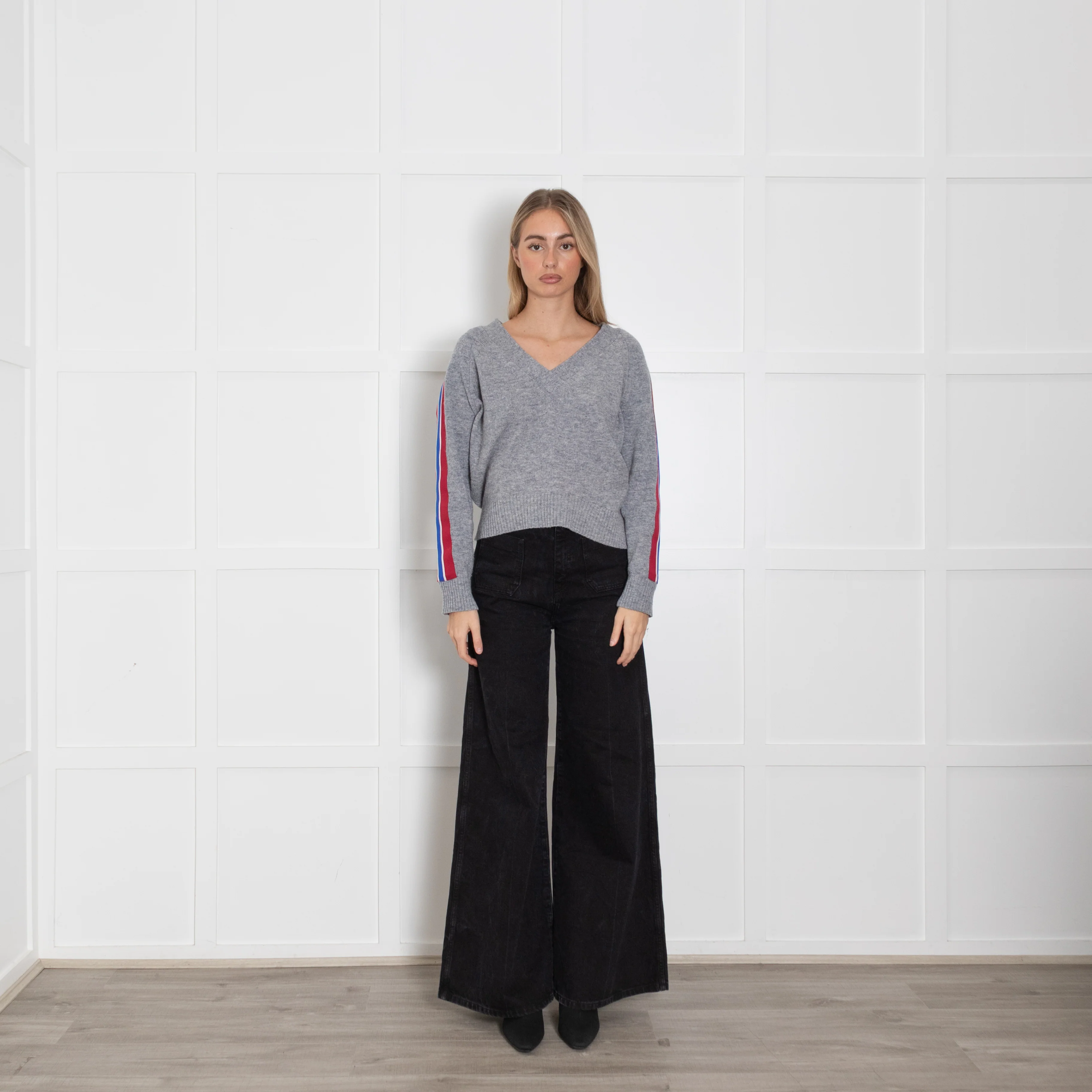 Sandro Grey Red Stripe Sleeve V-Neck Sweater