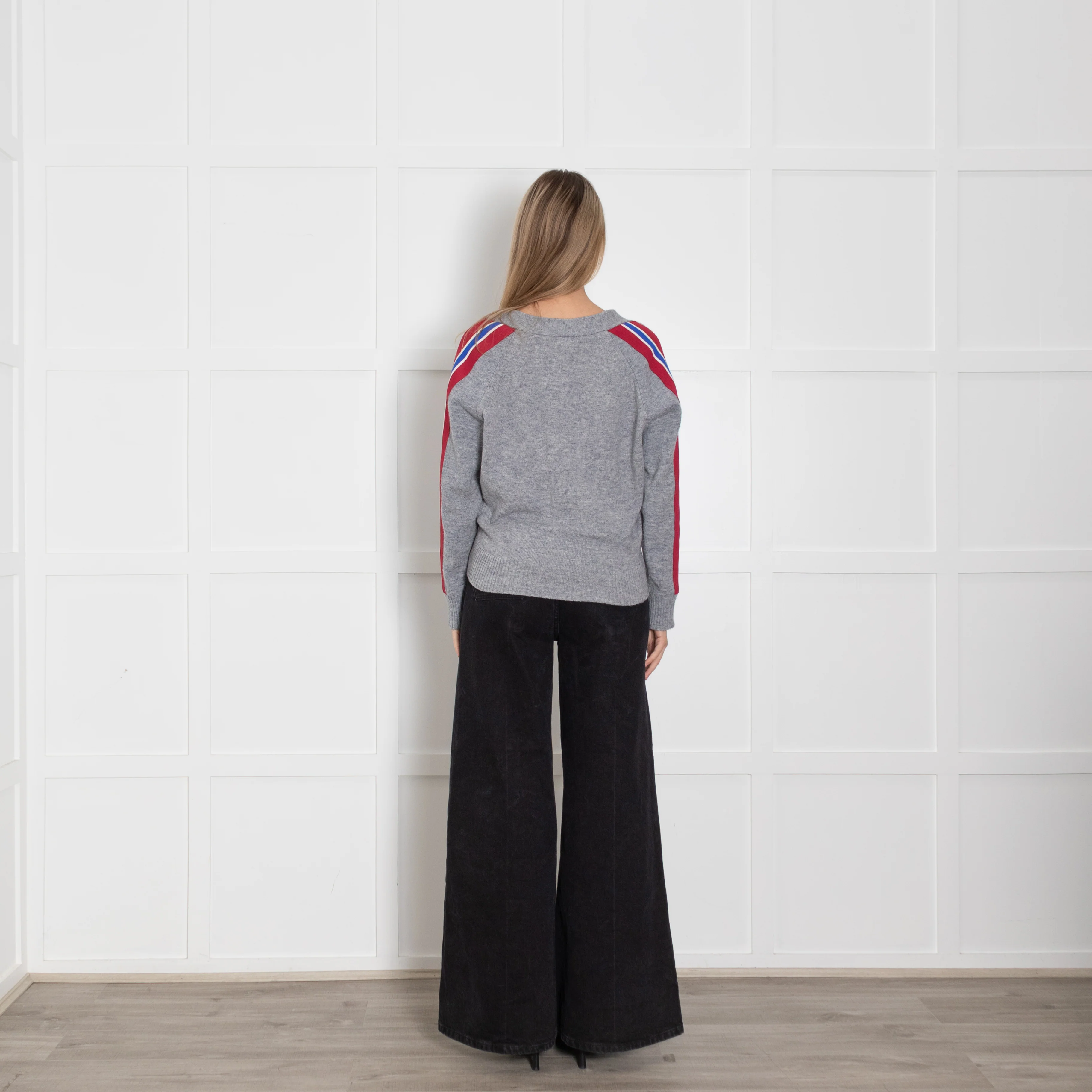 Sandro Grey Red Stripe Sleeve V-Neck Sweater - Image 5