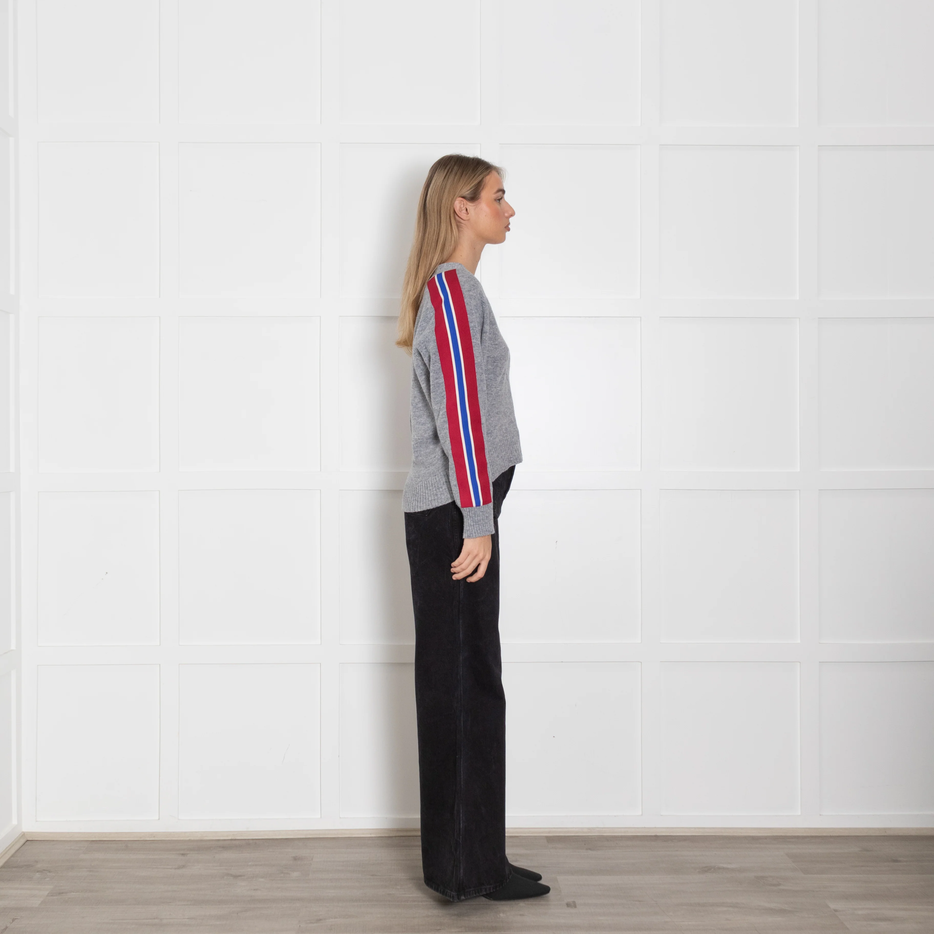 Sandro Grey Red Stripe Sleeve V-Neck Sweater - Image 6