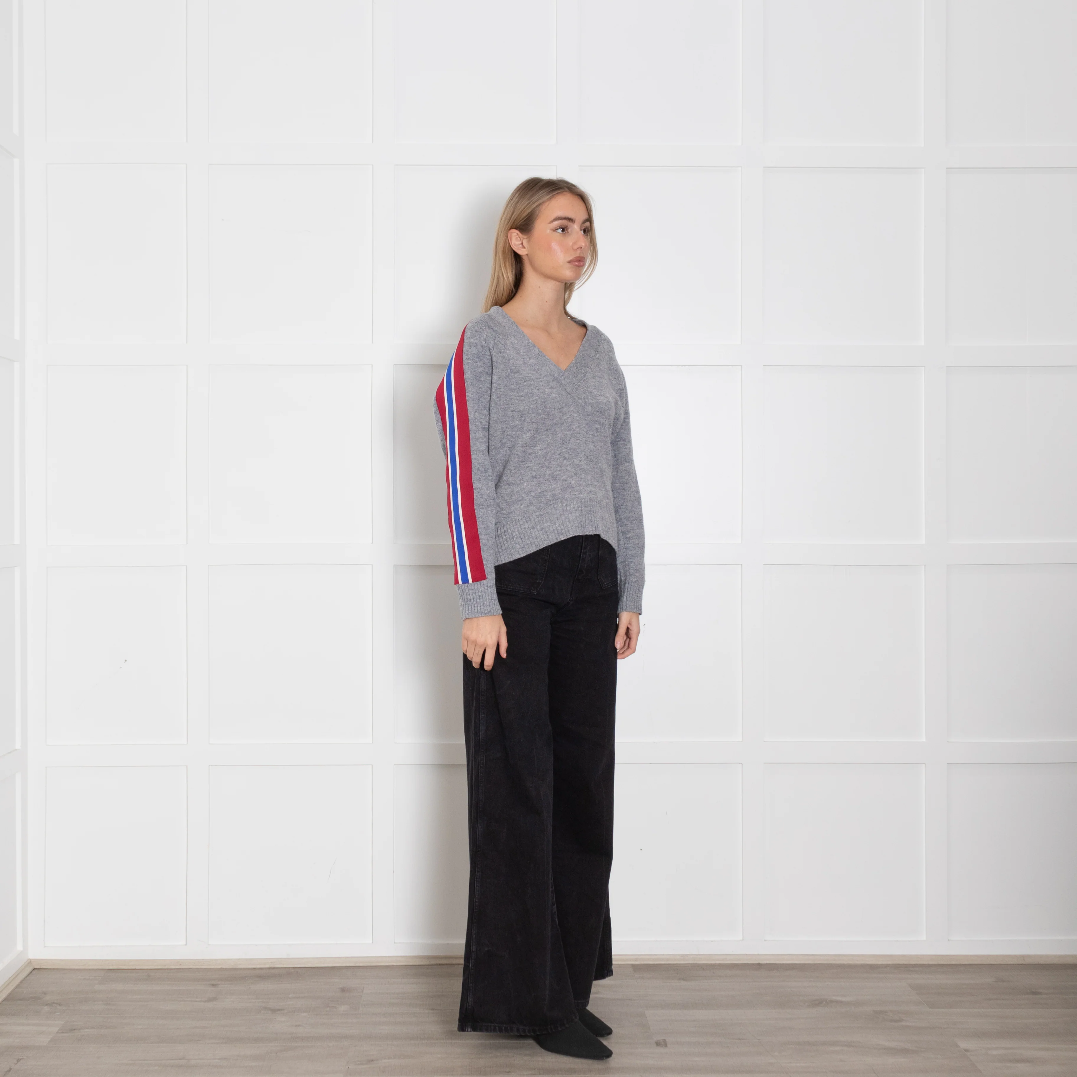 Sandro Grey Red Stripe Sleeve V-Neck Sweater - Image 7
