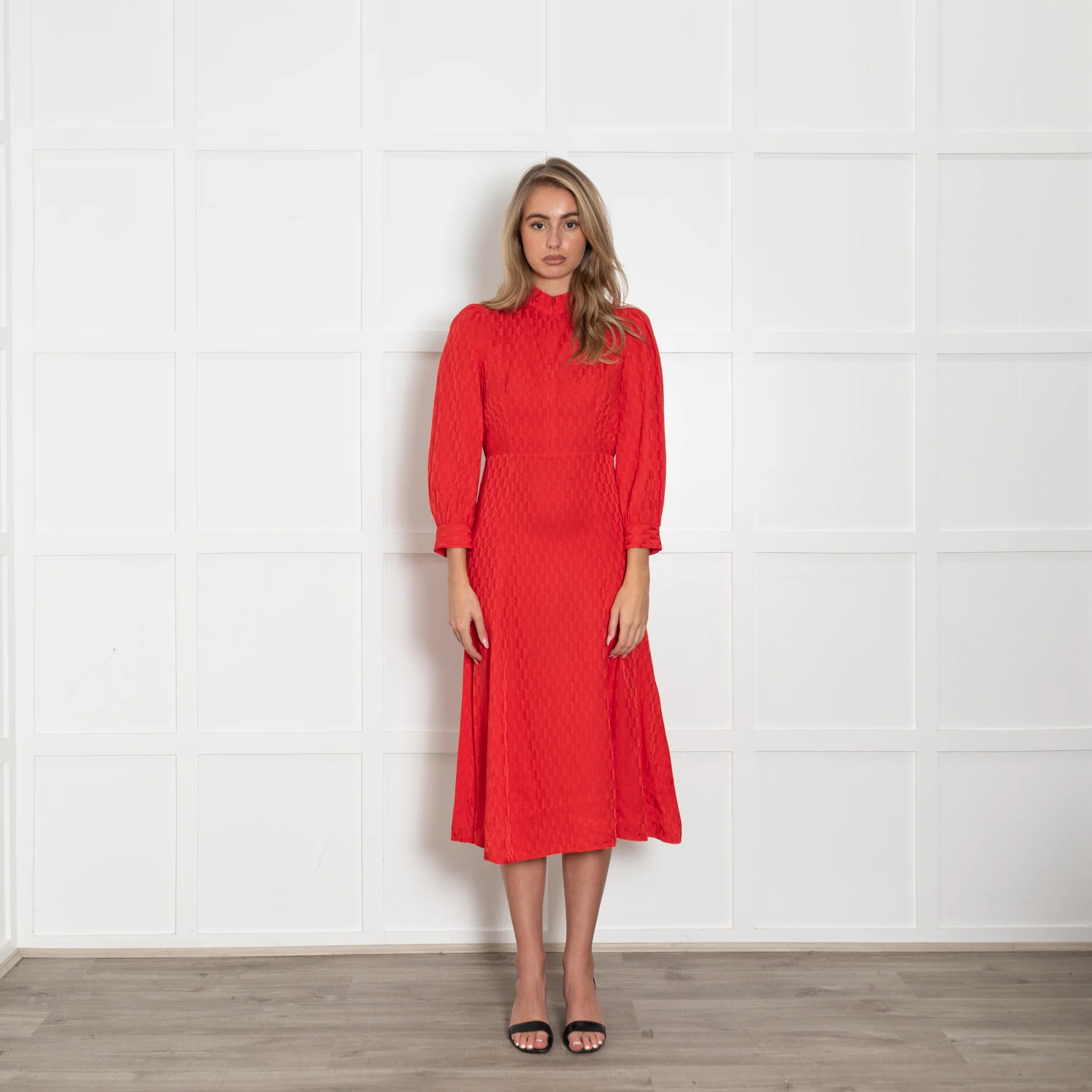 Sandro Hot Red Heart Motif Zip Neck Sleeved Dress