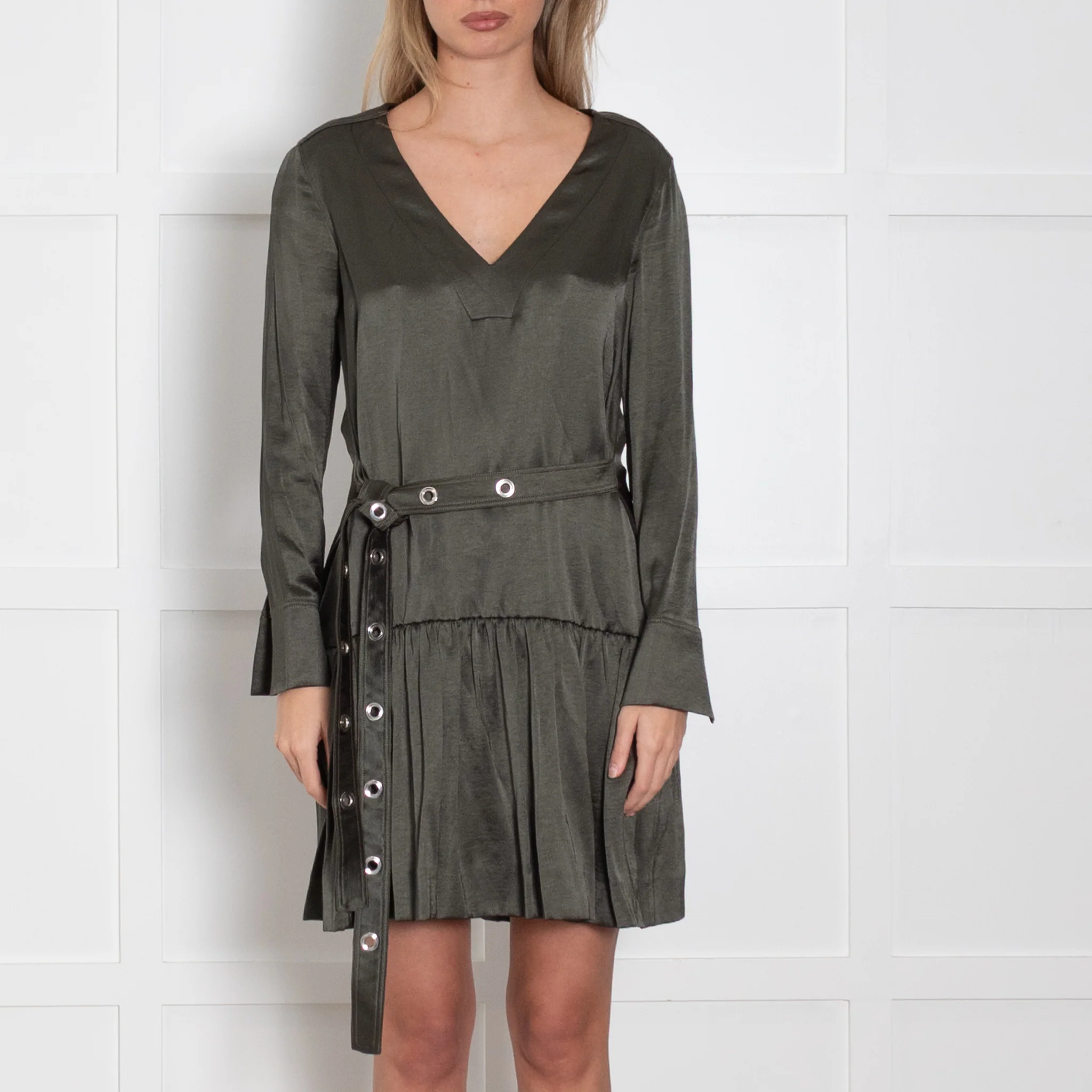 Sandro Khaki Satin Belted Mini Dress - Image 2
