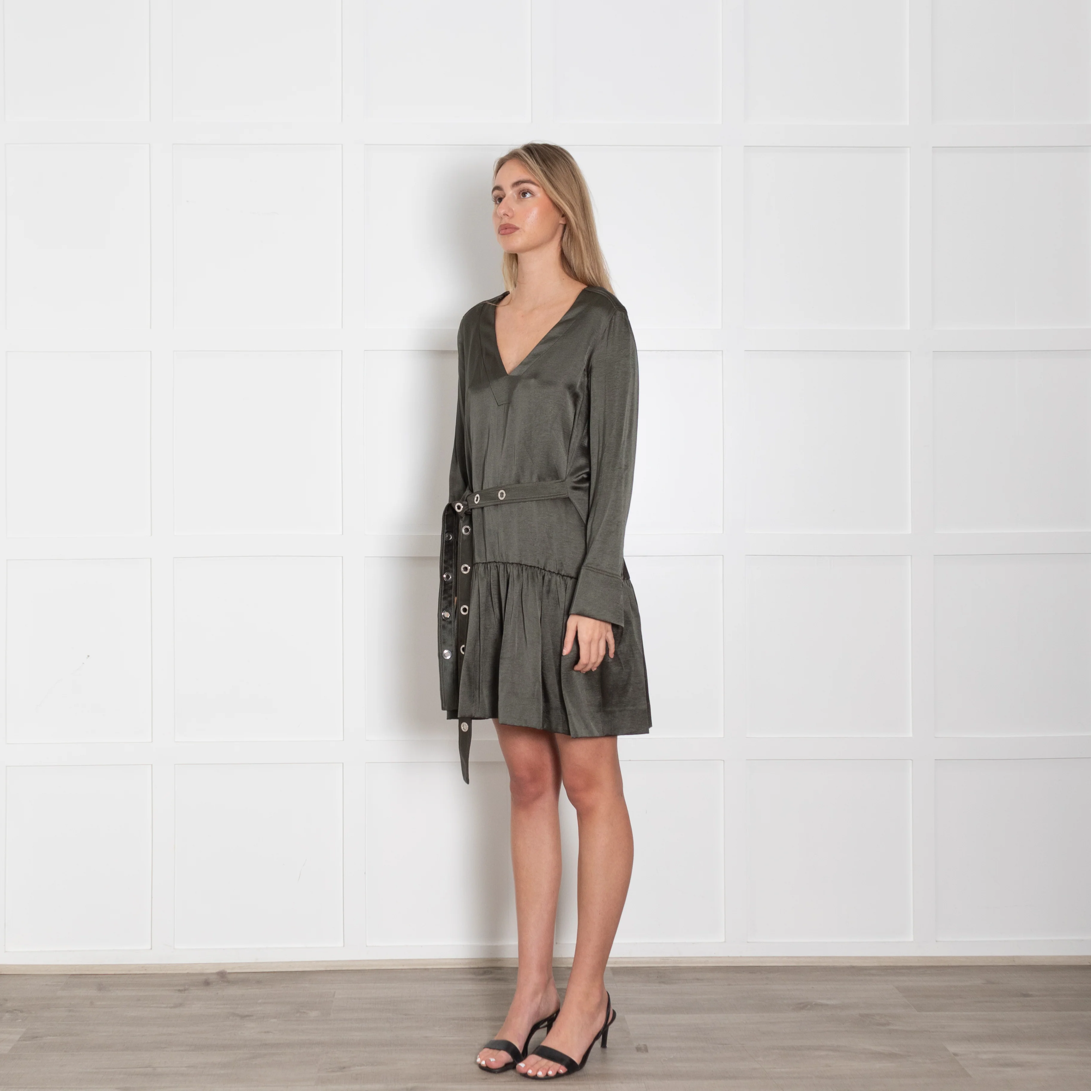 Sandro Khaki Satin Belted Mini Dress - Image 3