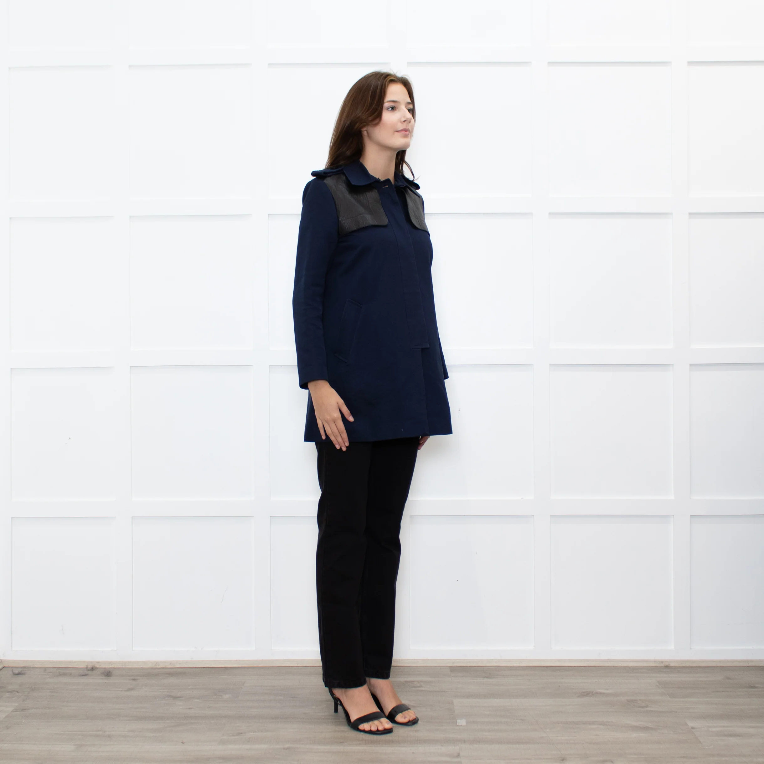 Sandro Navy Black Leather Detail Short Trench Coat - Image 7