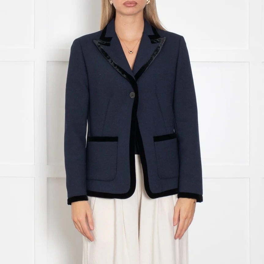 Sandro Navy Black Velvet Trim Blazer - Image 2