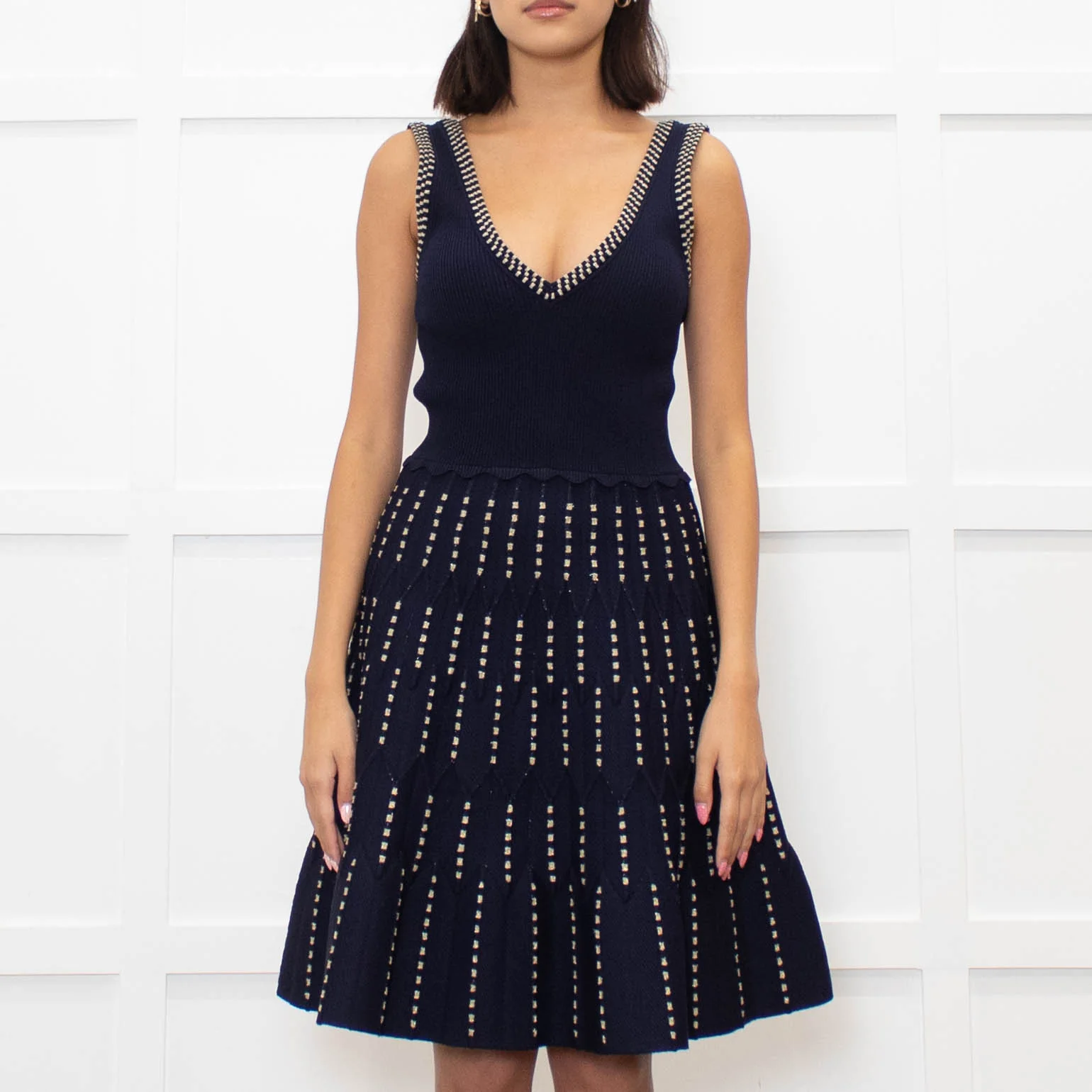 Sandro Navy Blue Gold Lurex Detail Sleeveless Dress - Image 2