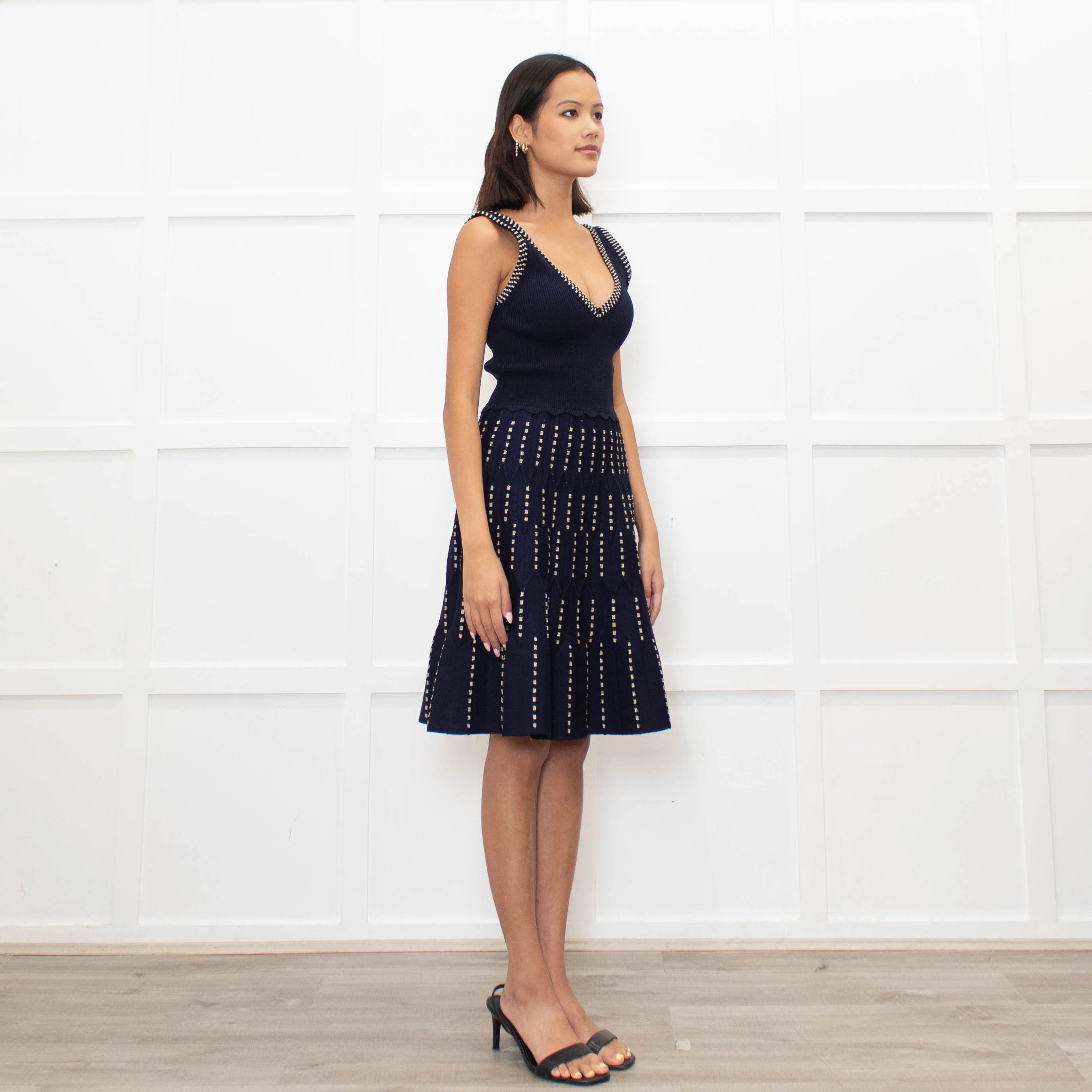 Sandro Navy Blue Gold Lurex Detail Sleeveless Dress - Image 3