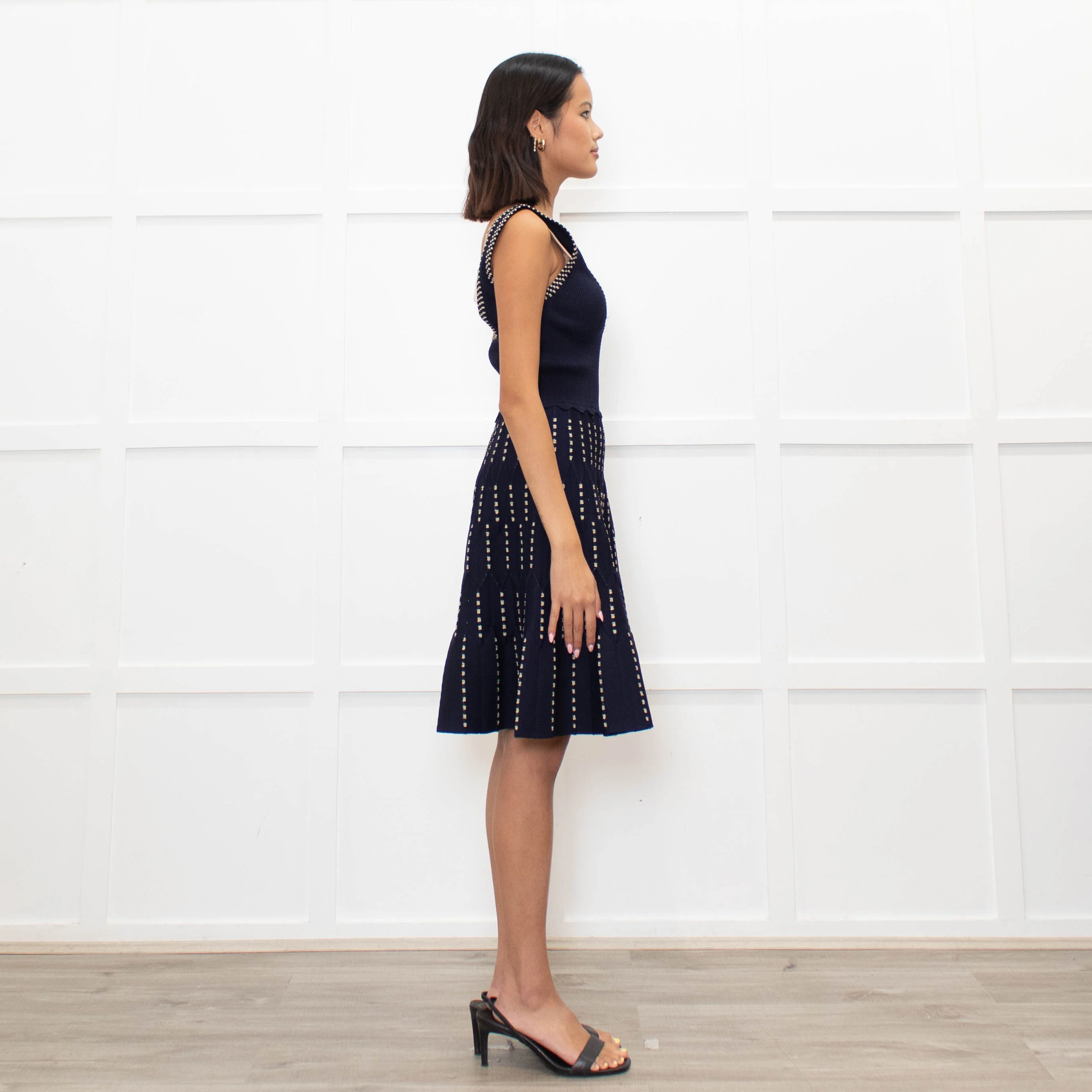Sandro Navy Blue Gold Lurex Detail Sleeveless Dress - Image 4