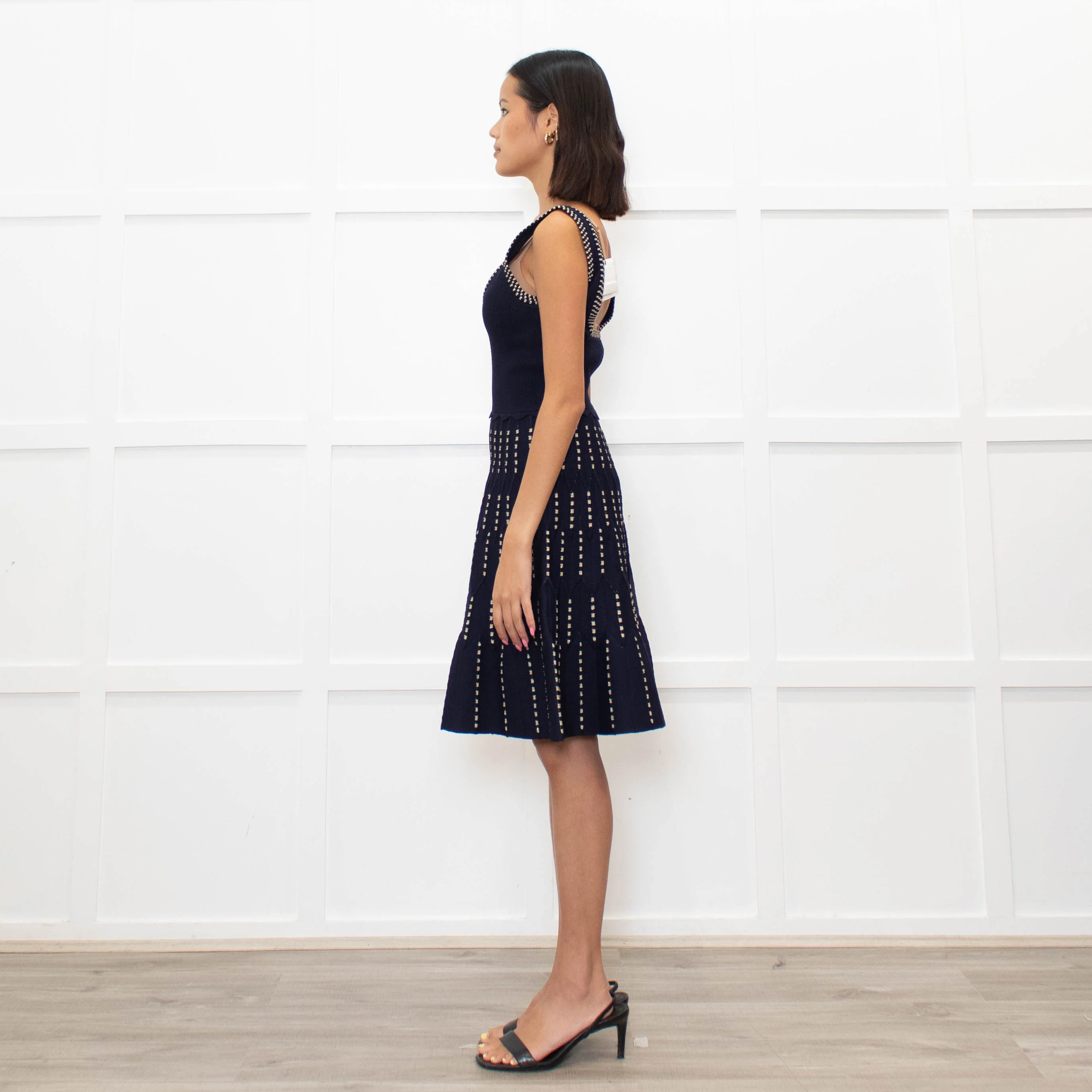 Sandro Navy Blue Gold Lurex Detail Sleeveless Dress - Image 6