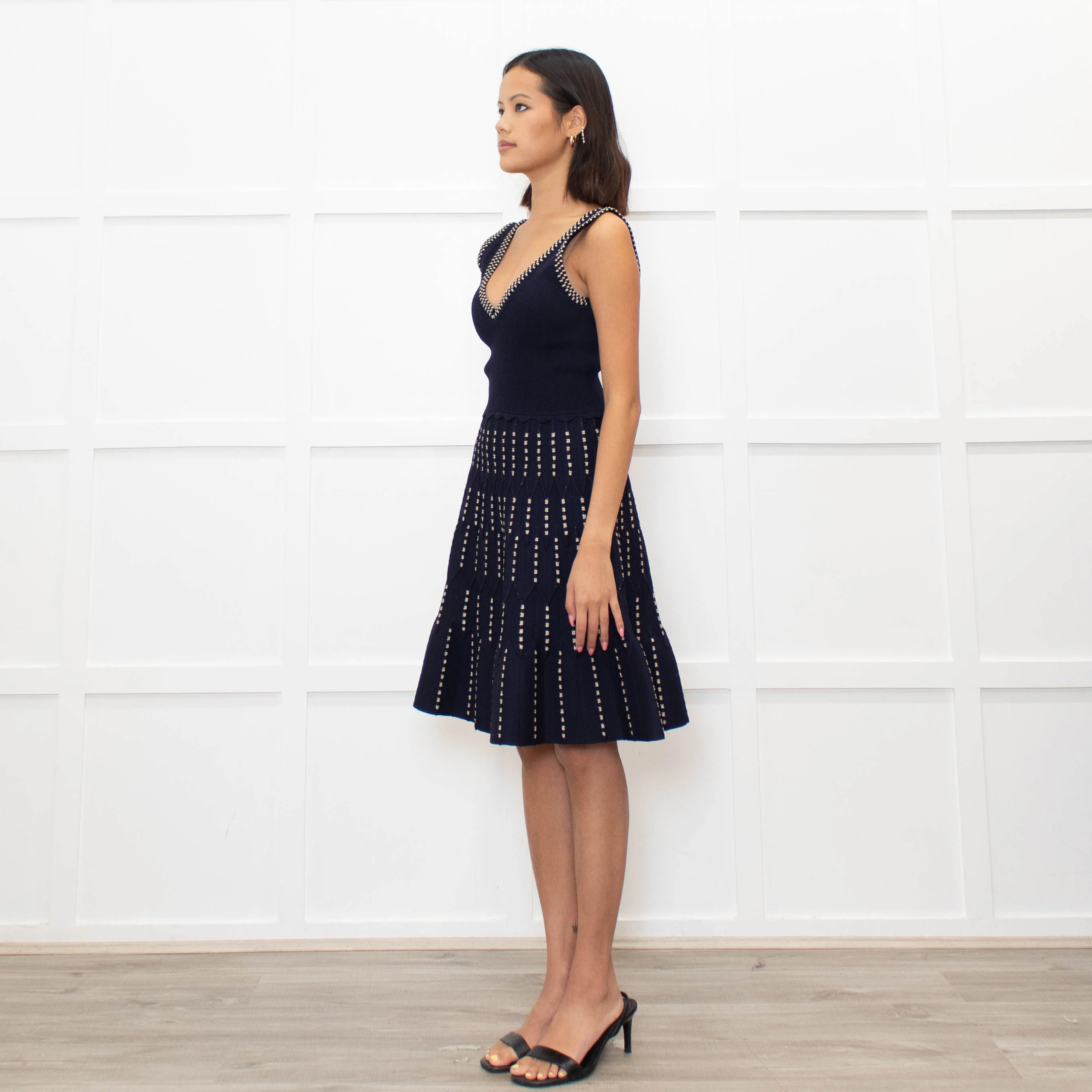Sandro Navy Blue Gold Lurex Detail Sleeveless Dress - Image 7