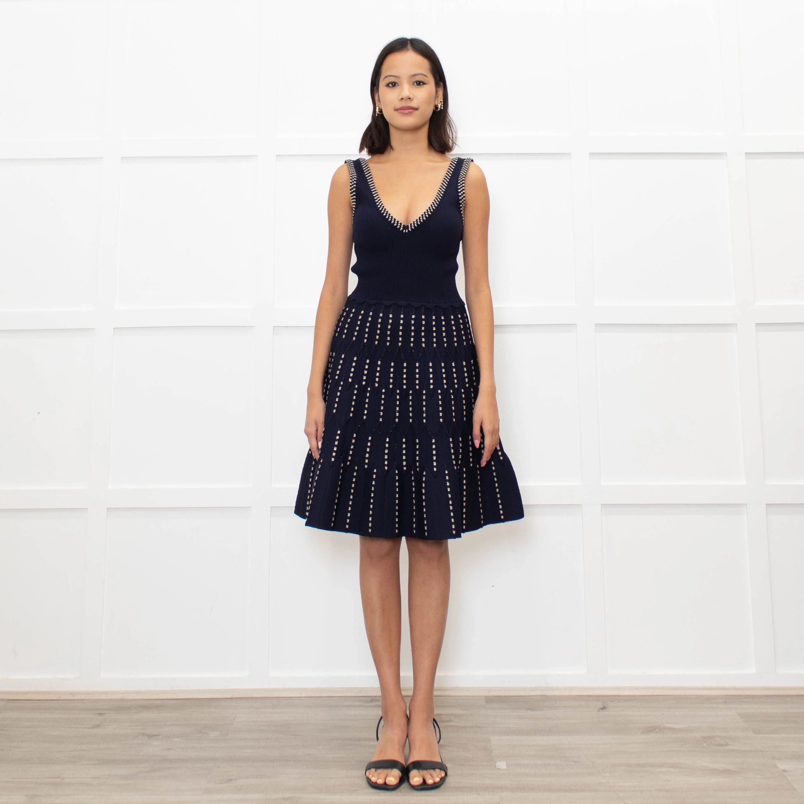 Sandro Navy Blue Gold Lurex Detail Sleeveless Dress - Image 8