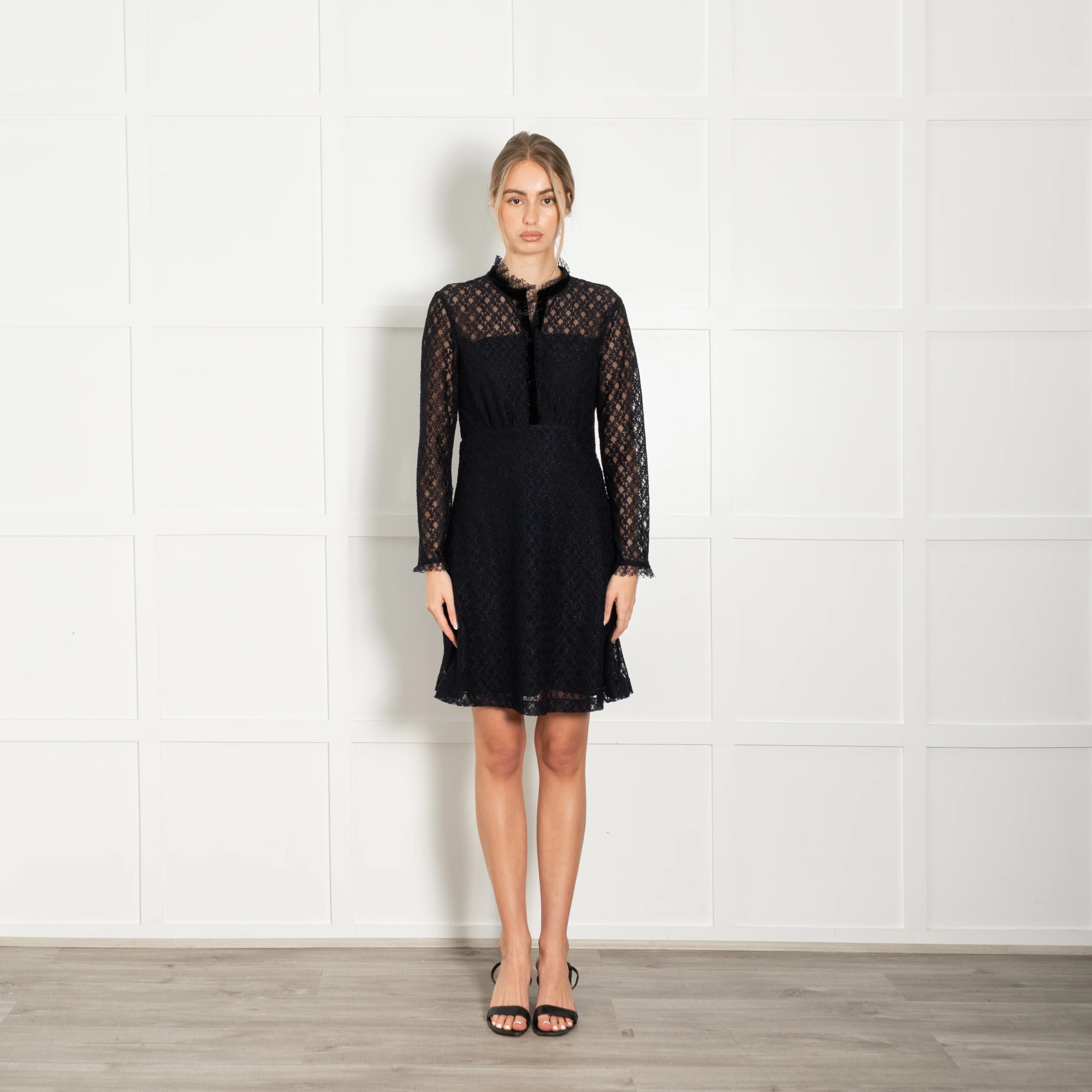 Sandro Navy Blue Lace Velvet Trim Long Sleeve Dress