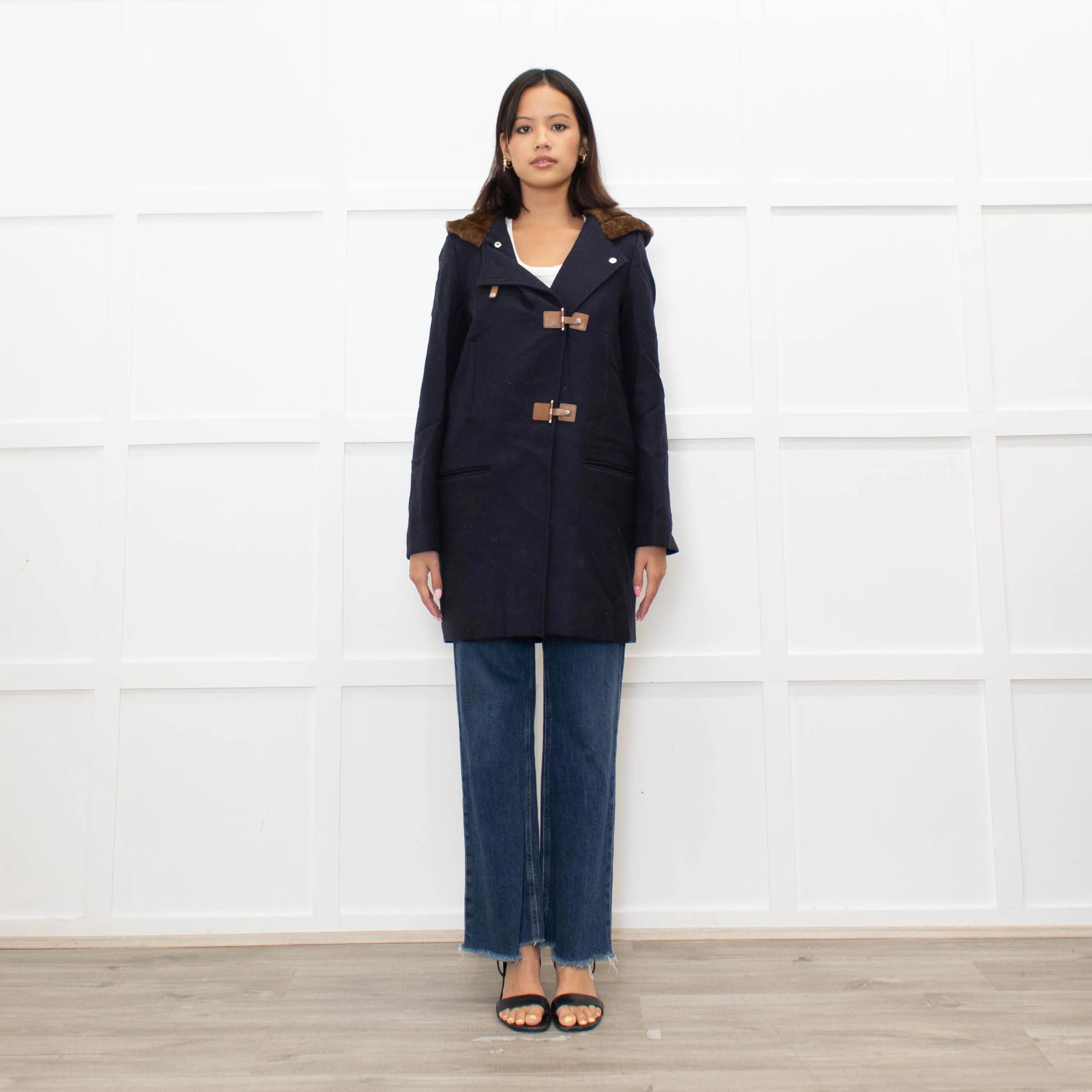Sandro Navy Faux Fur Trim Hooded Peacoat