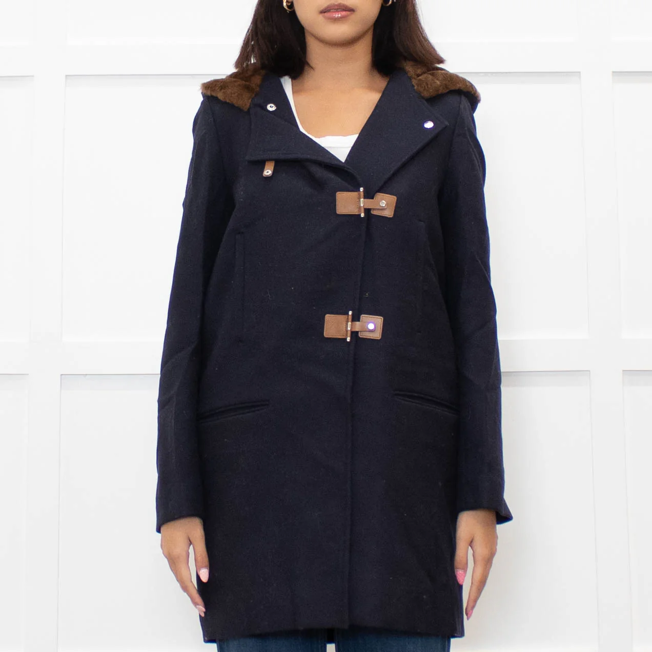 Sandro Navy Faux Fur Trim Hooded Peacoat - Image 2