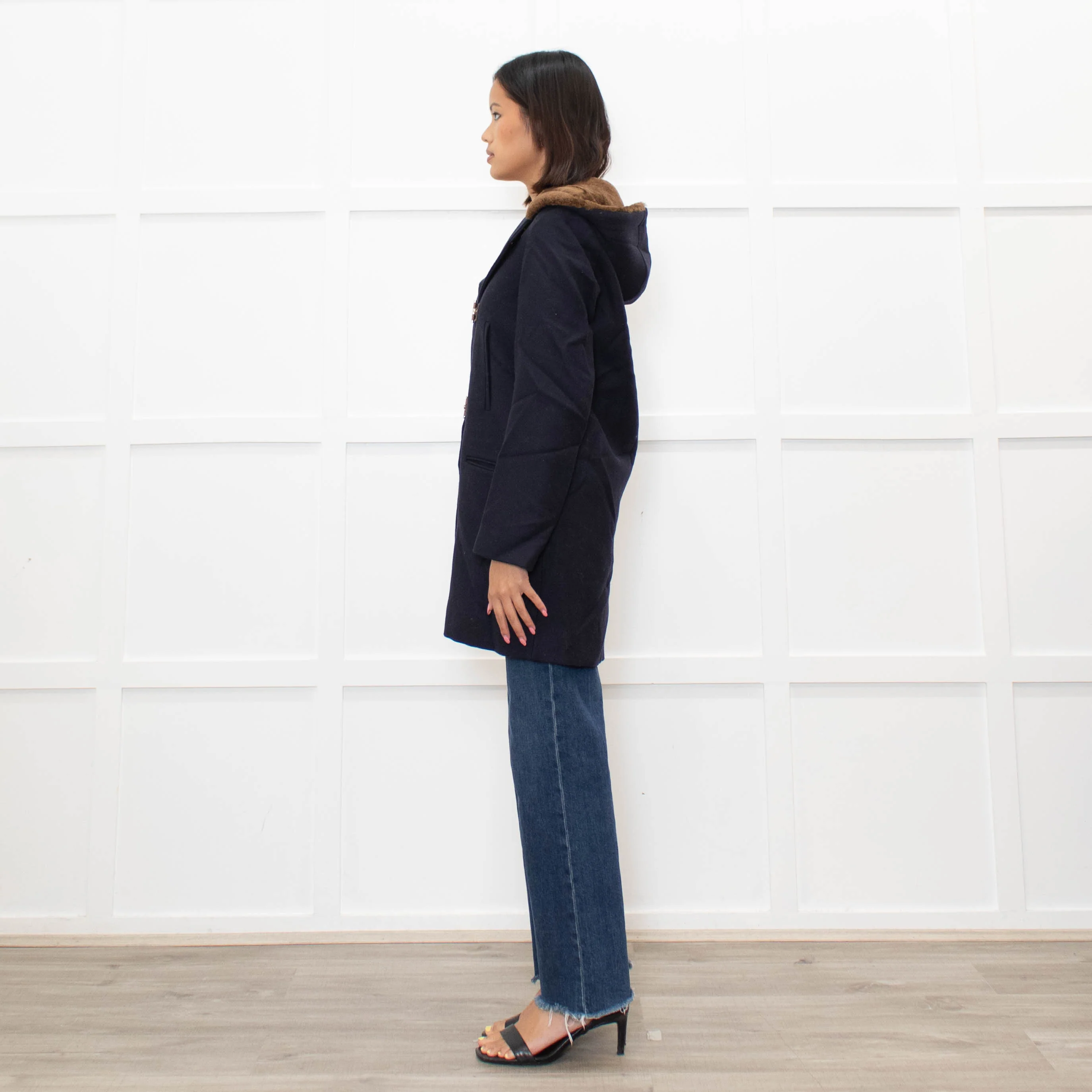 Sandro Navy Faux Fur Trim Hooded Peacoat - Image 6