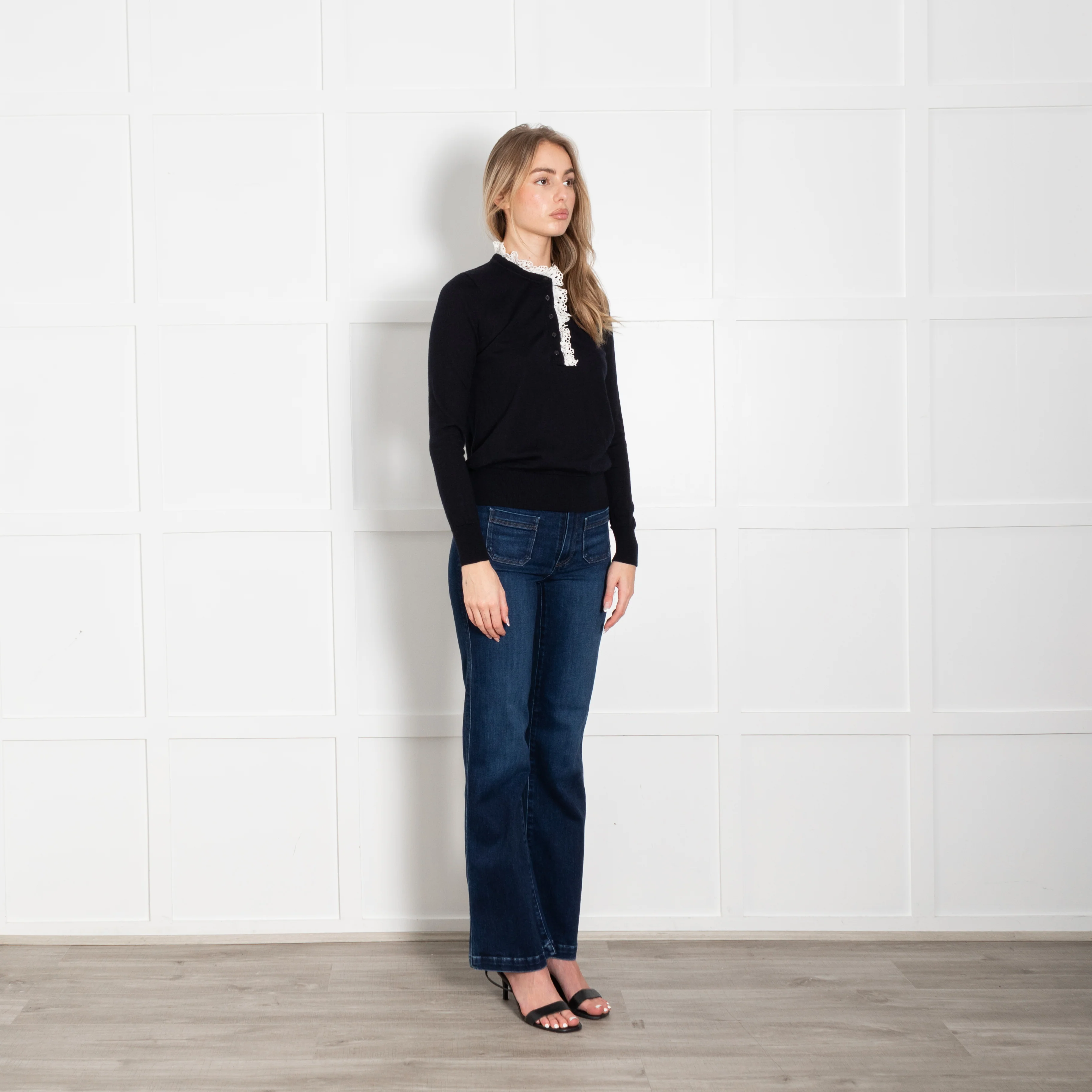 Sandro Navy White Lace Trim Fine Sweater - Image 7
