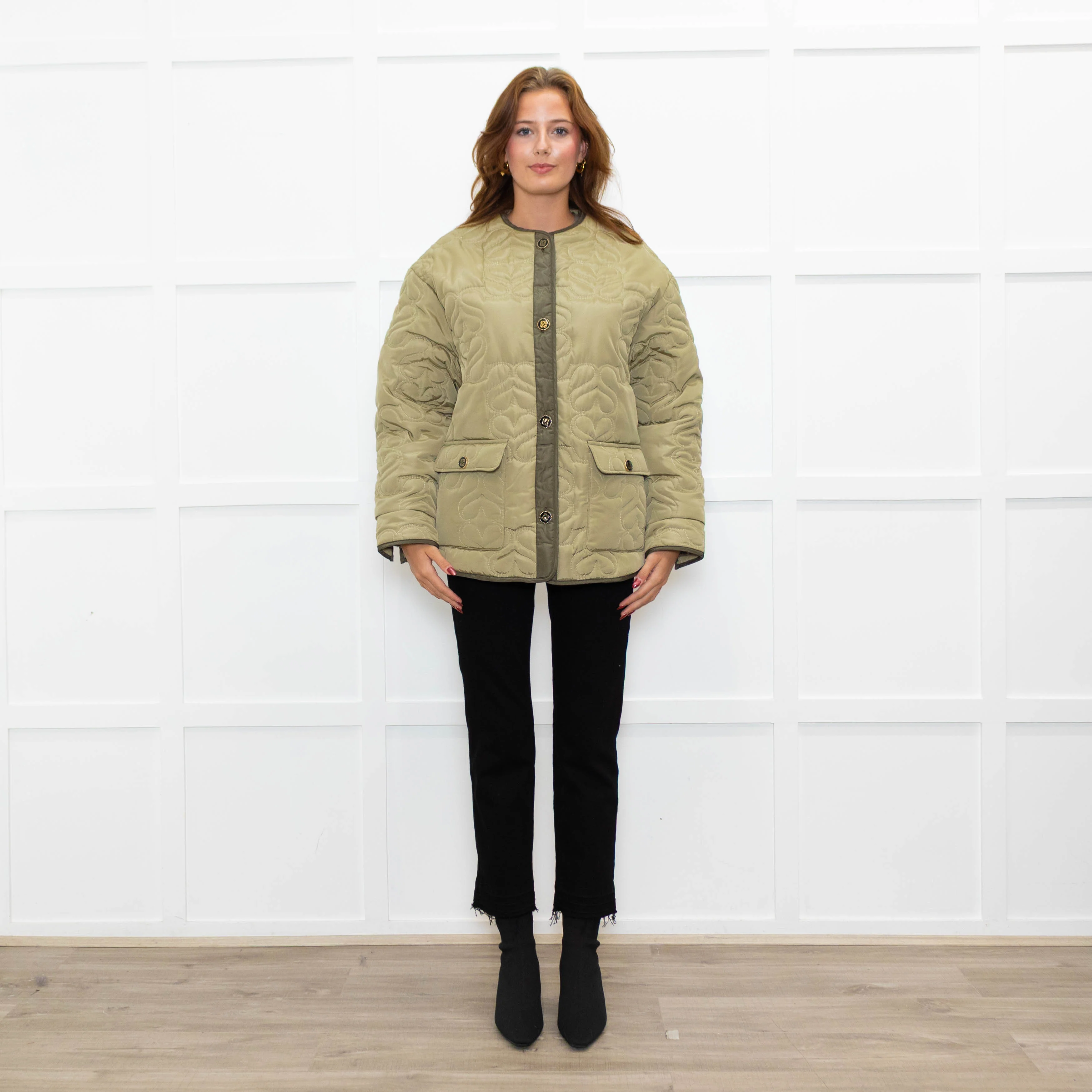 Sandro Olive Green Quilted Oversized Jacket