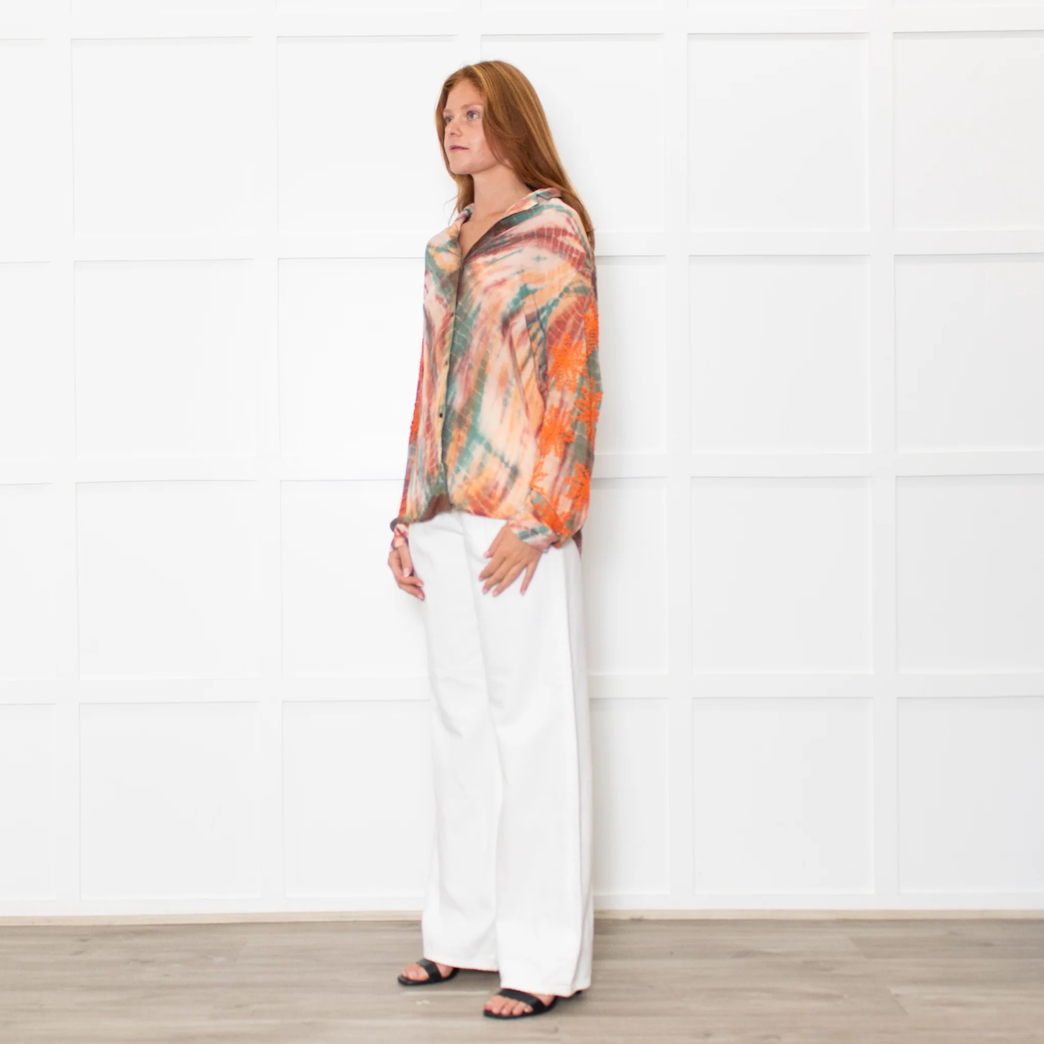Sandro Orange Green Tie-Dye Embroidered Shirt - Image 3