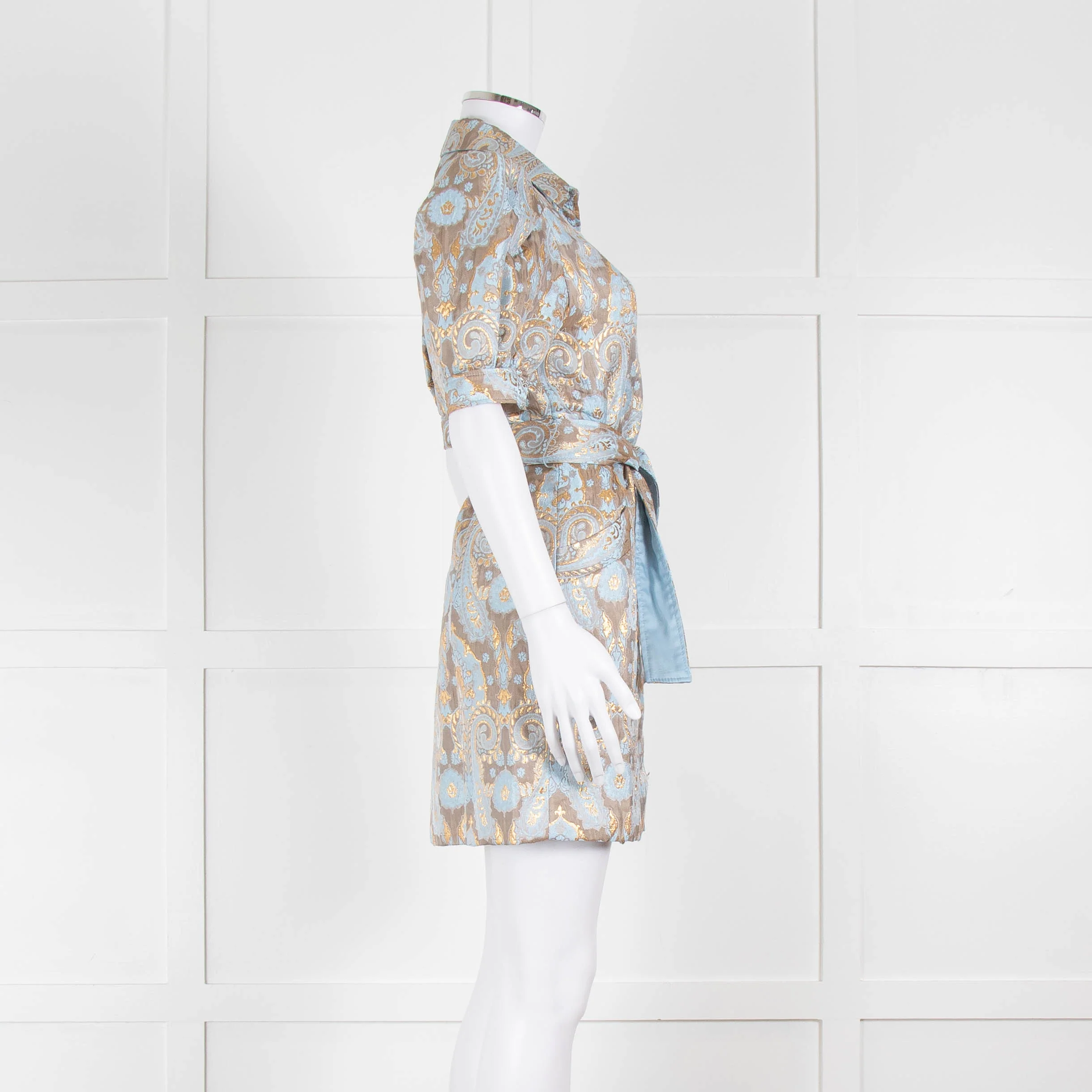 Sandro Pale Blue And Gold Brocade Mini Dress - Image 3