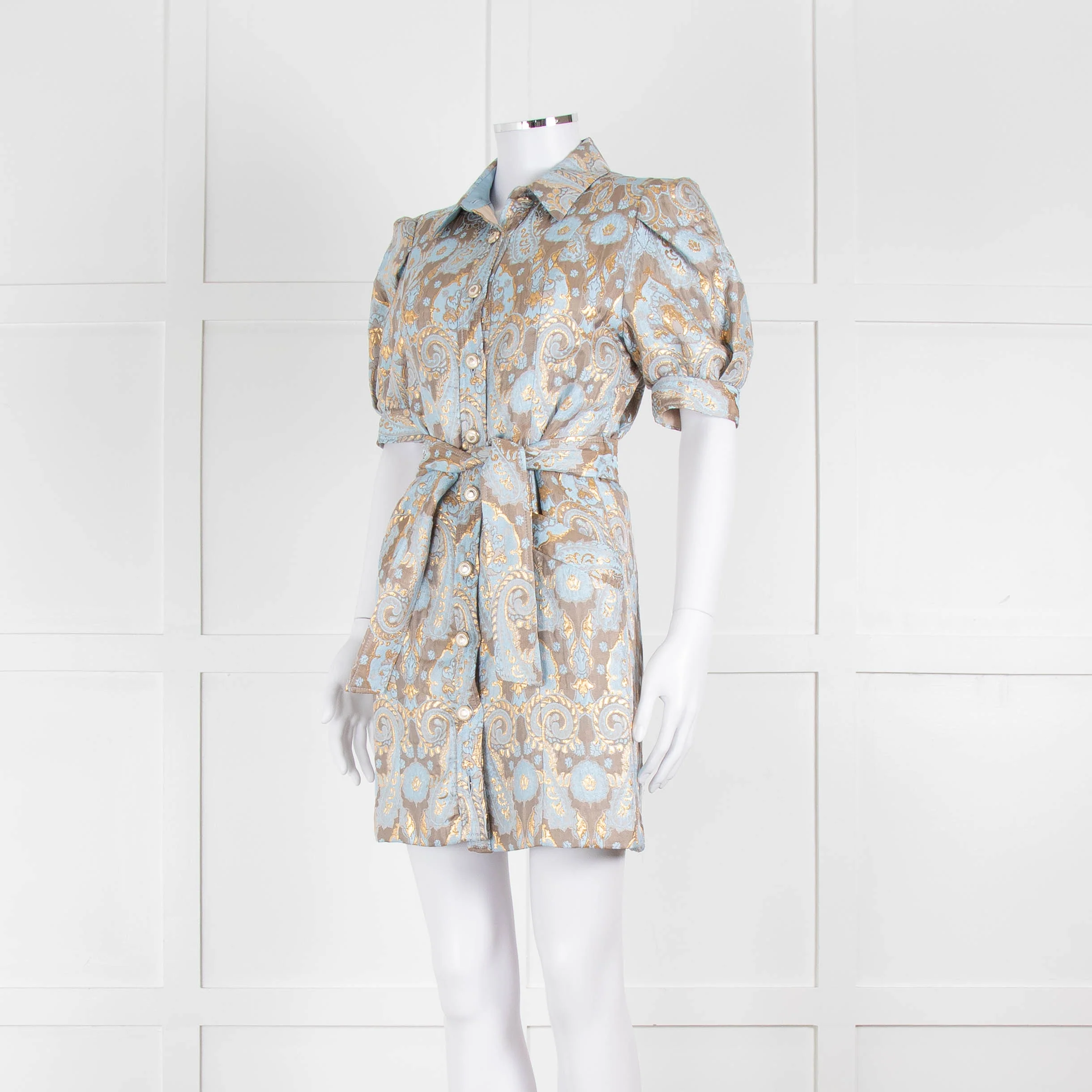 Sandro Pale Blue And Gold Brocade Mini Dress - Image 8