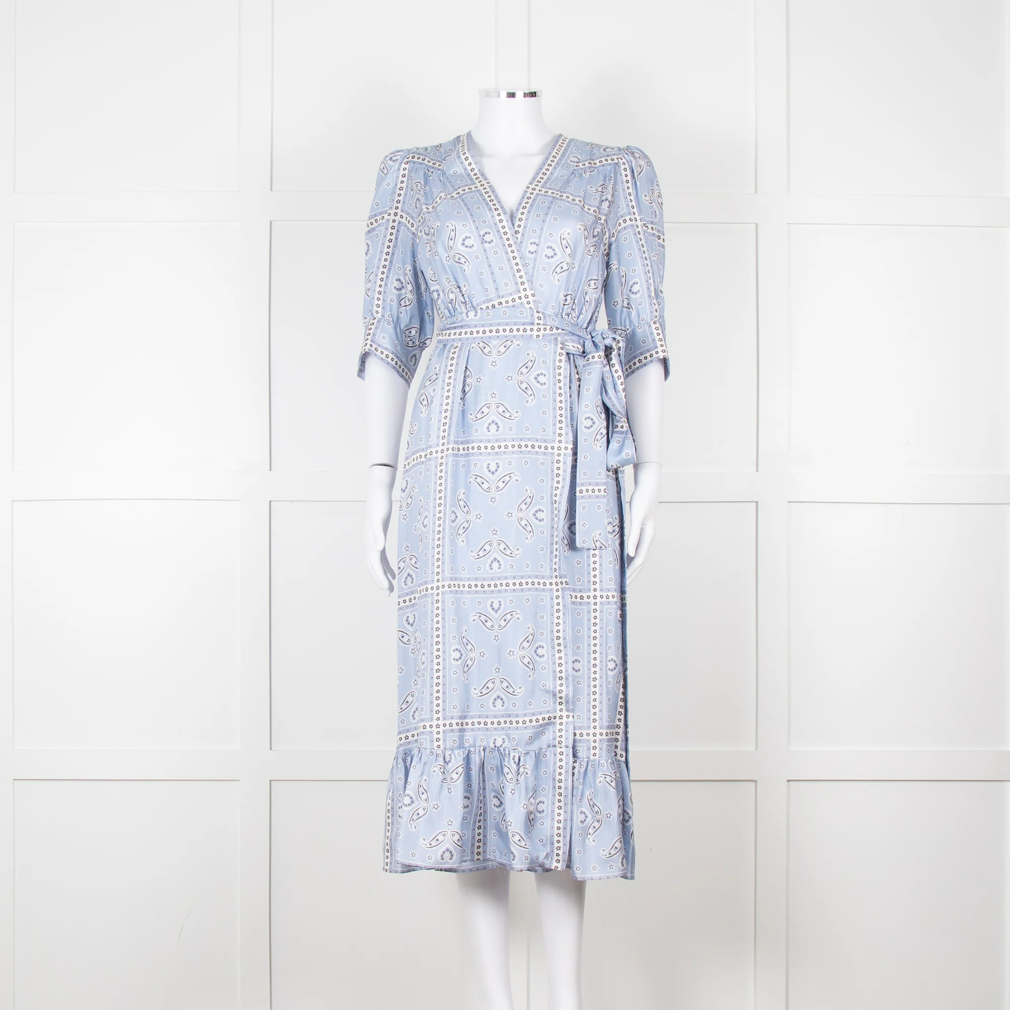 Sandro Pale Blue White Black Paisley Print Wrap Silk Dress