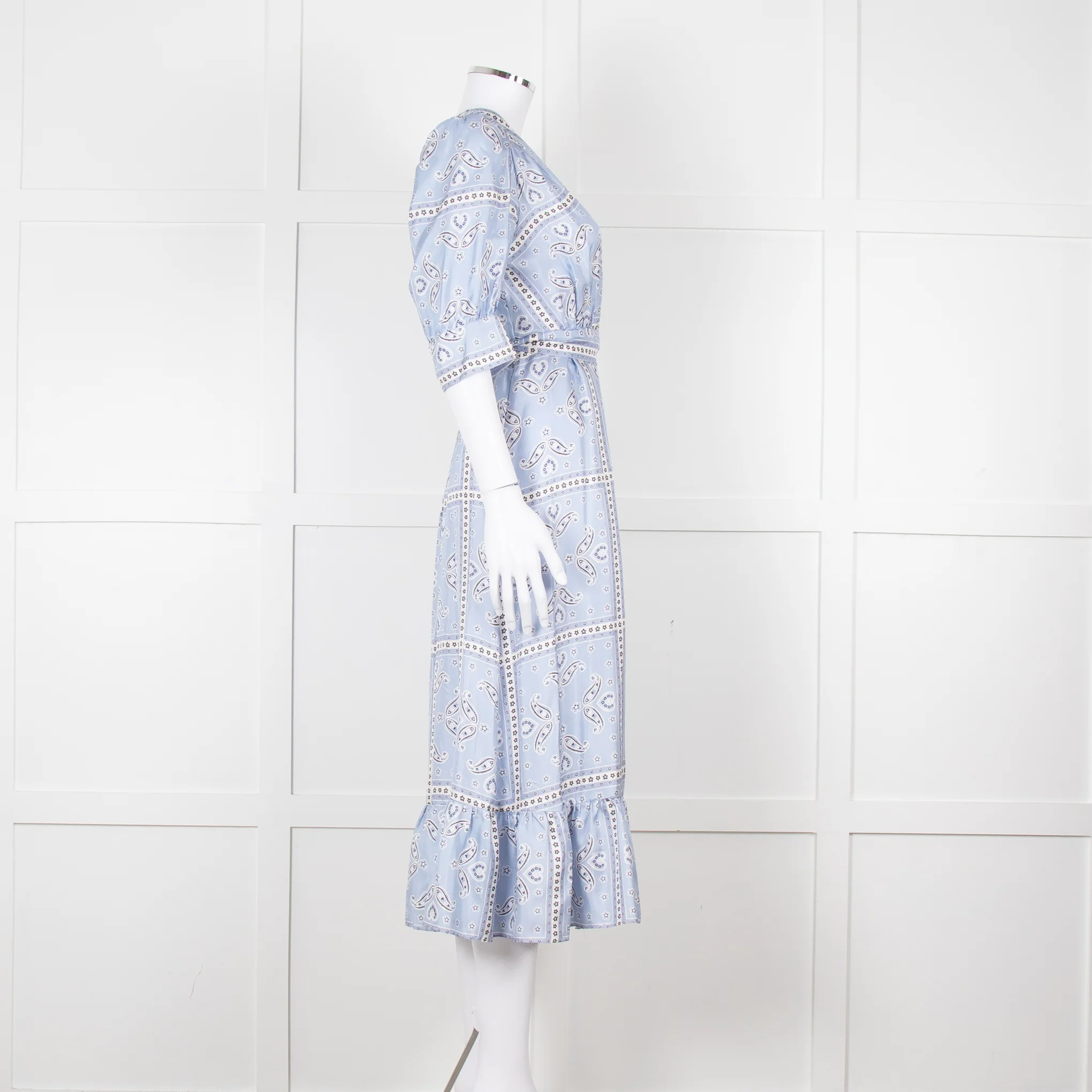 Sandro Pale Blue White Black Paisley Print Wrap Silk Dress - Image 3