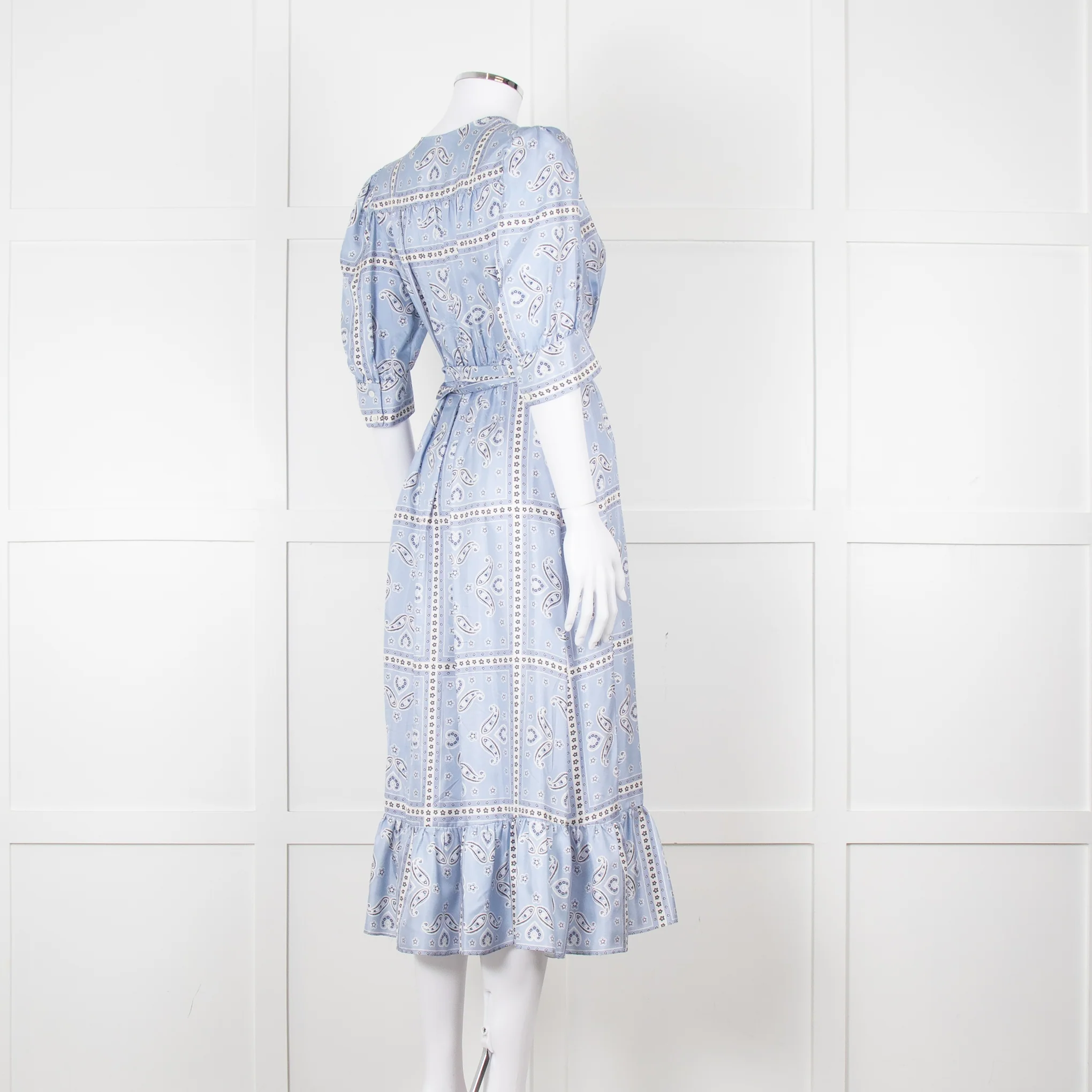 Sandro Pale Blue White Black Paisley Print Wrap Silk Dress - Image 4