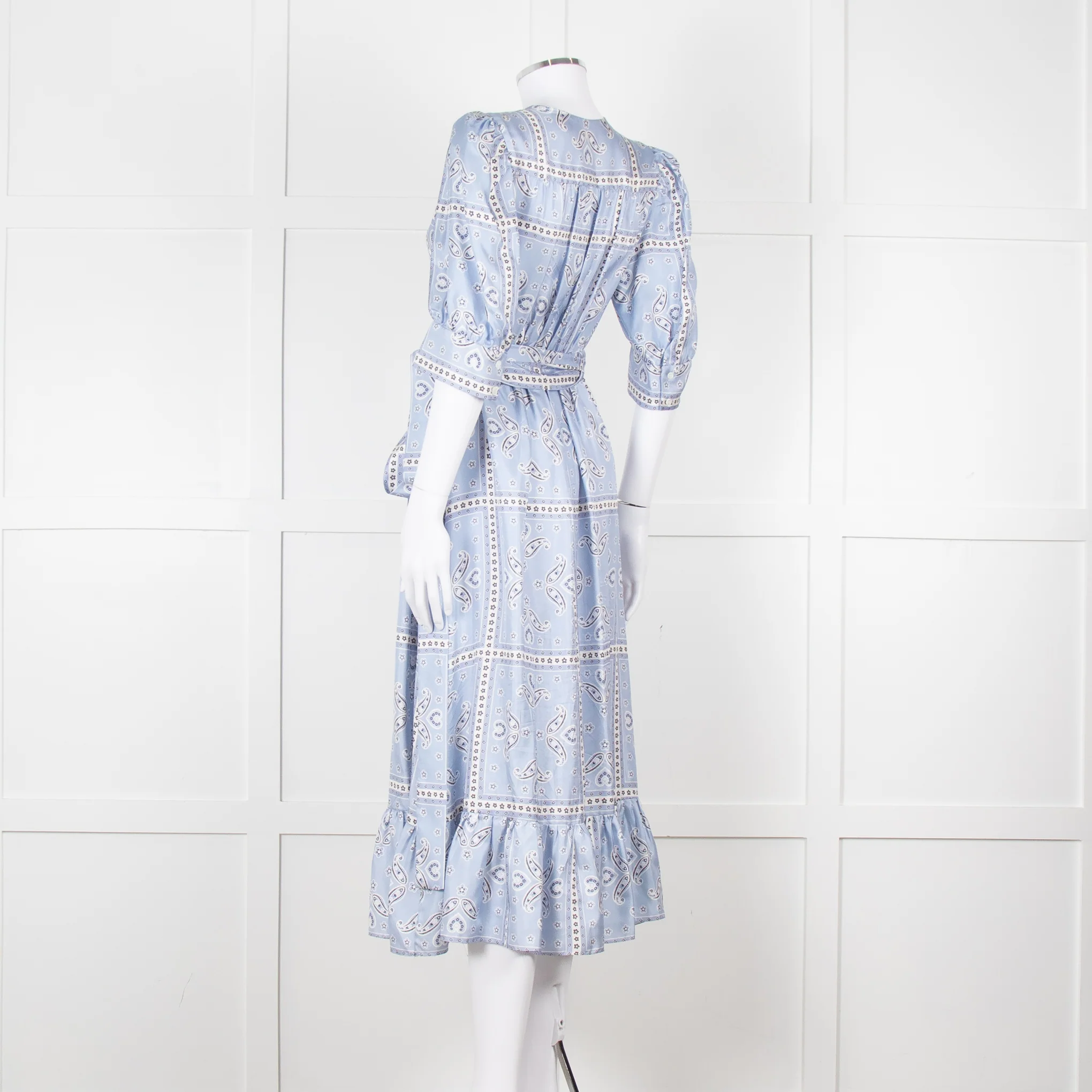 Sandro Pale Blue White Black Paisley Print Wrap Silk Dress - Image 6