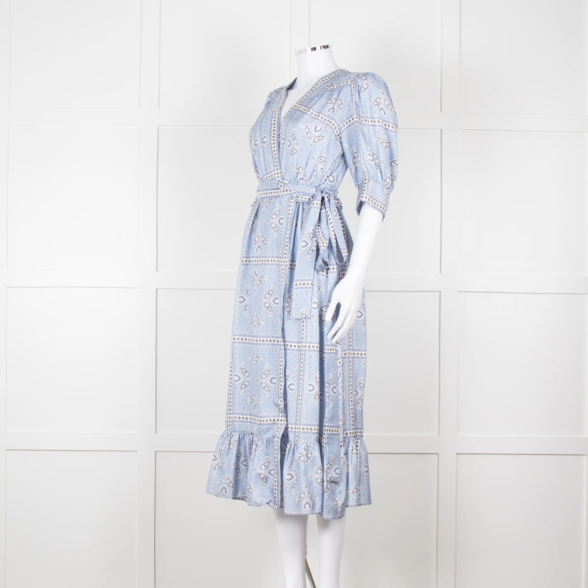 Sandro Pale Blue White Black Paisley Print Wrap Silk Dress - Image 8