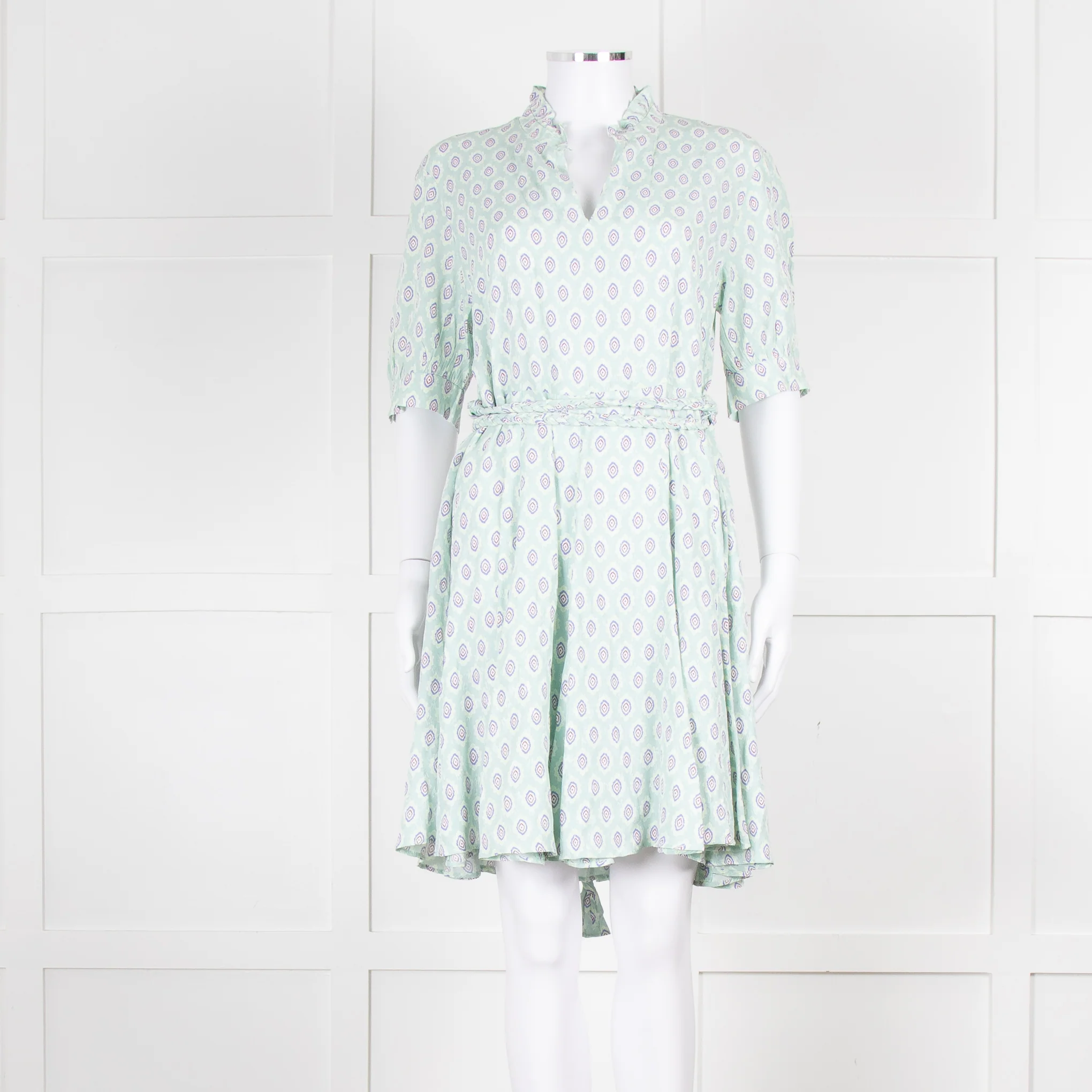 Sandro Pale Green Lilac Burgundy Print Belted Dress